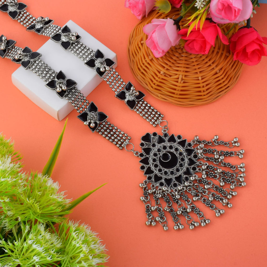 Bold Black Color Meena Work Oxidised Necklace Set For Traditional Functions - Black