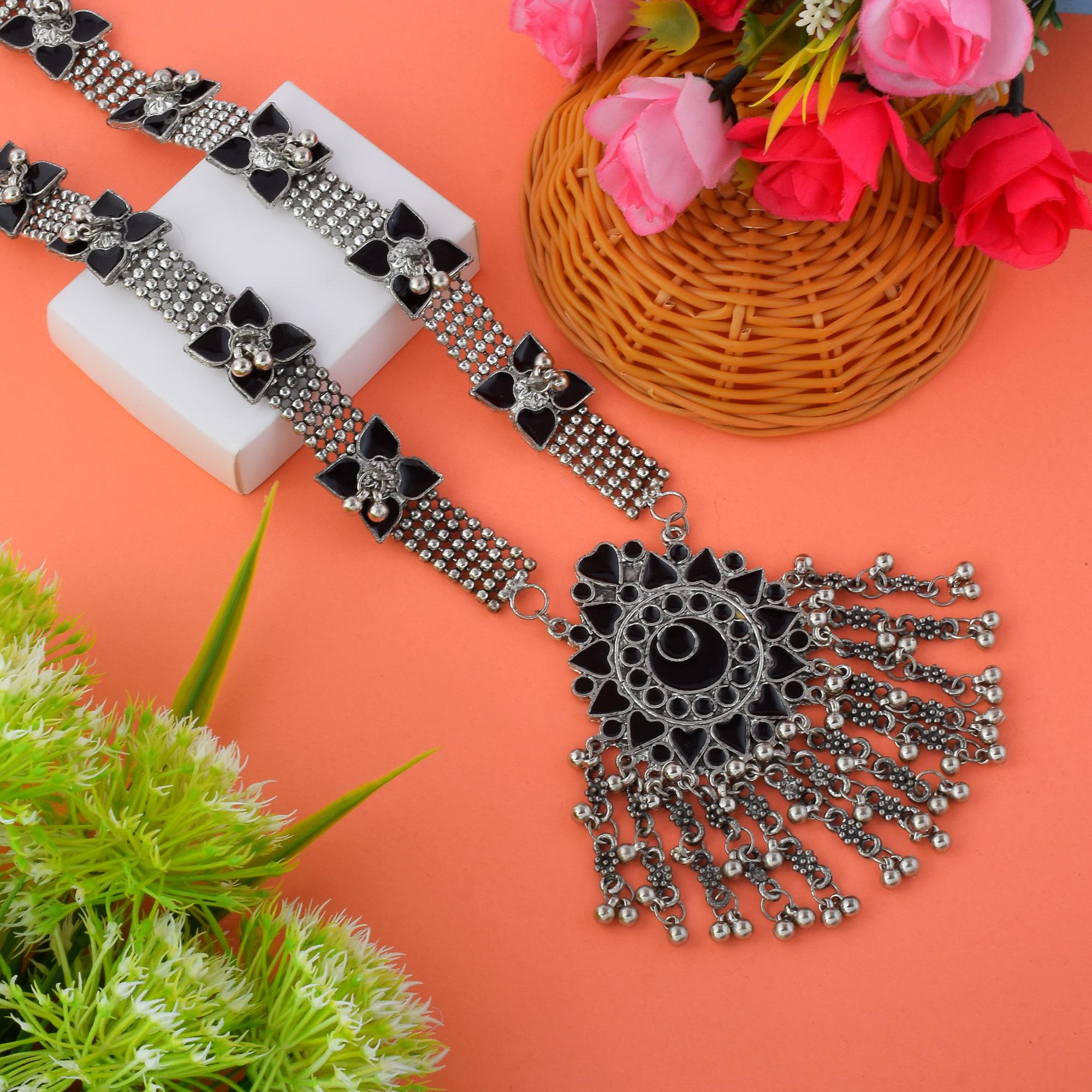 Bold Black Color Meena Work Oxidised Necklace Set For Traditional Functions - Black