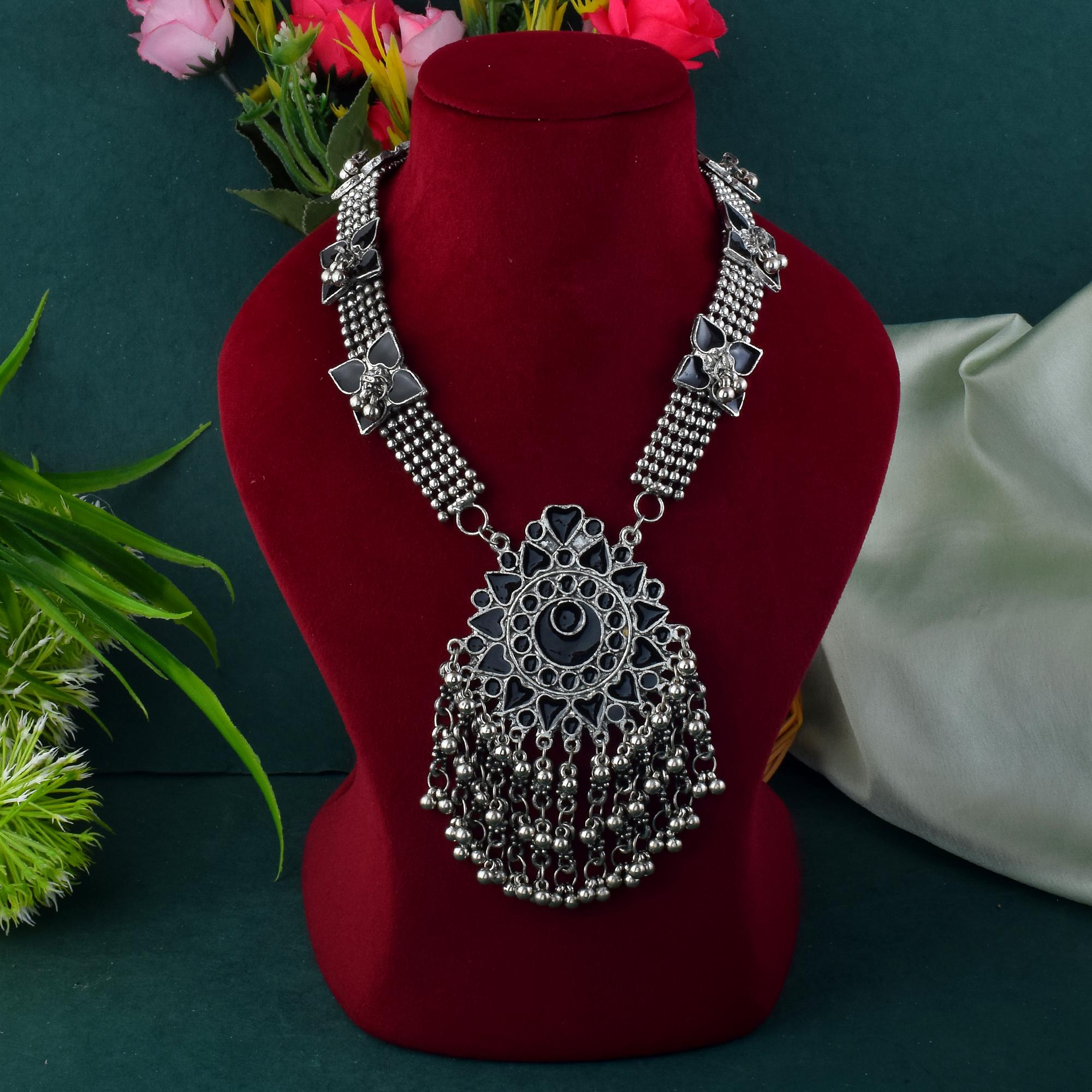 Bold Black Color Meena Work Oxidised Necklace Set For Traditional Functions - Black