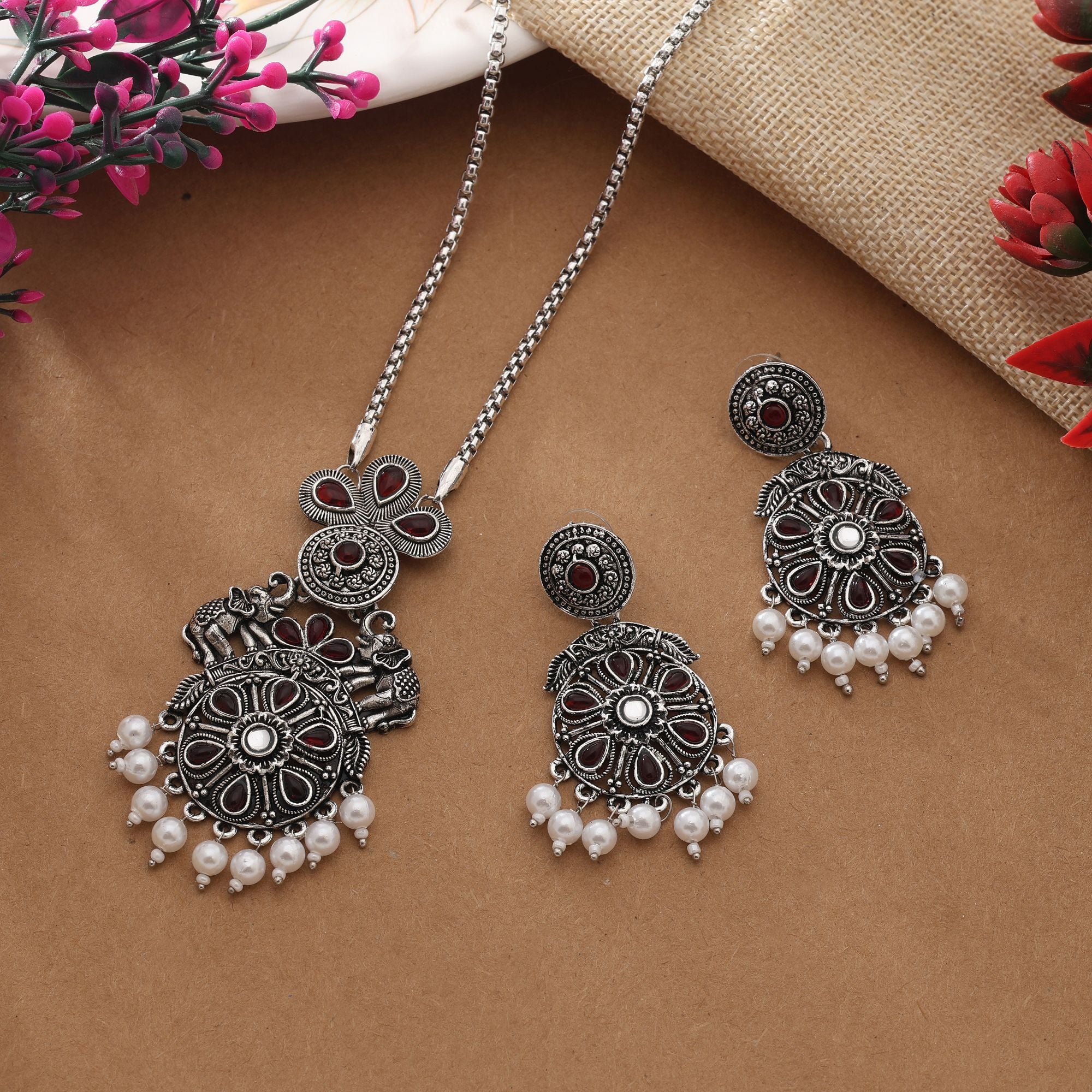 Royal Purple Color Oxidised Necklace Set With Antique Silver Plated Finish - Purple