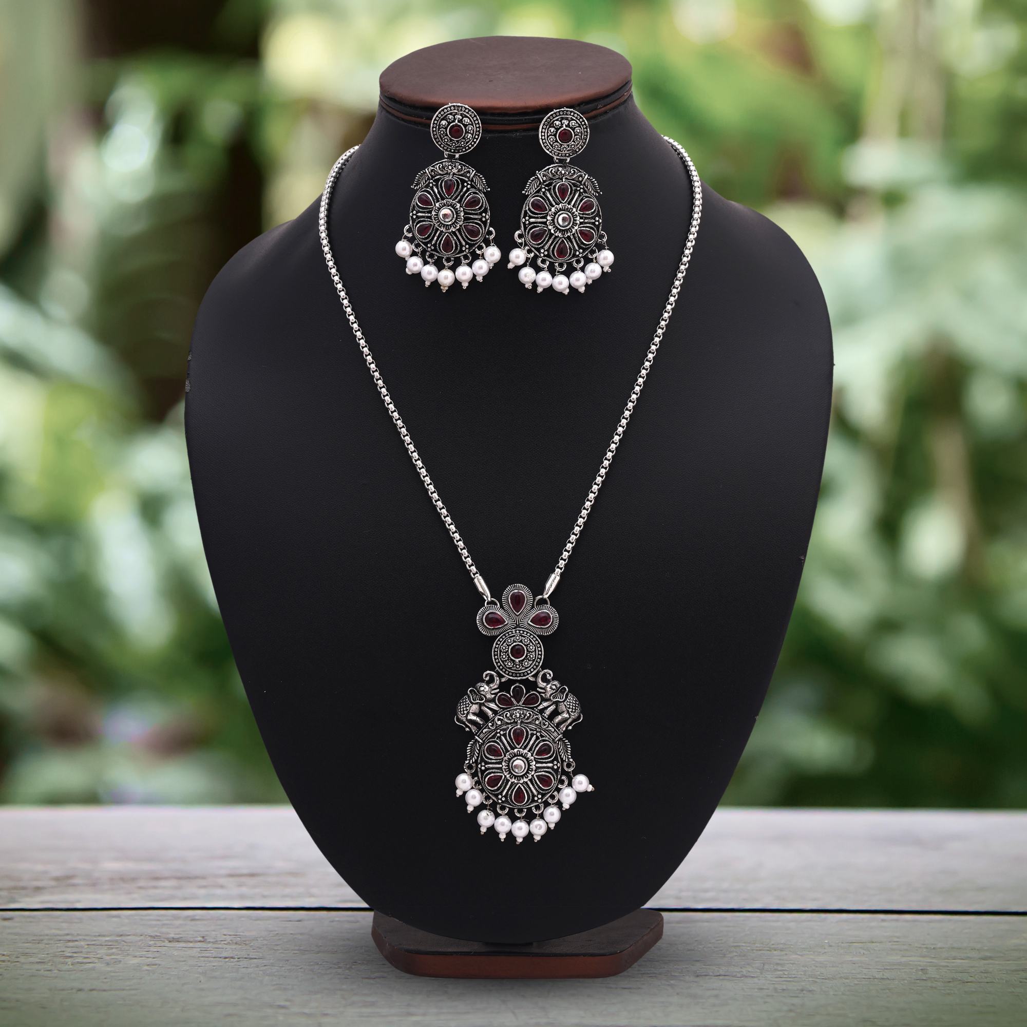 Royal Purple Color Oxidised Necklace Set With Antique Silver Plated Finish - Purple