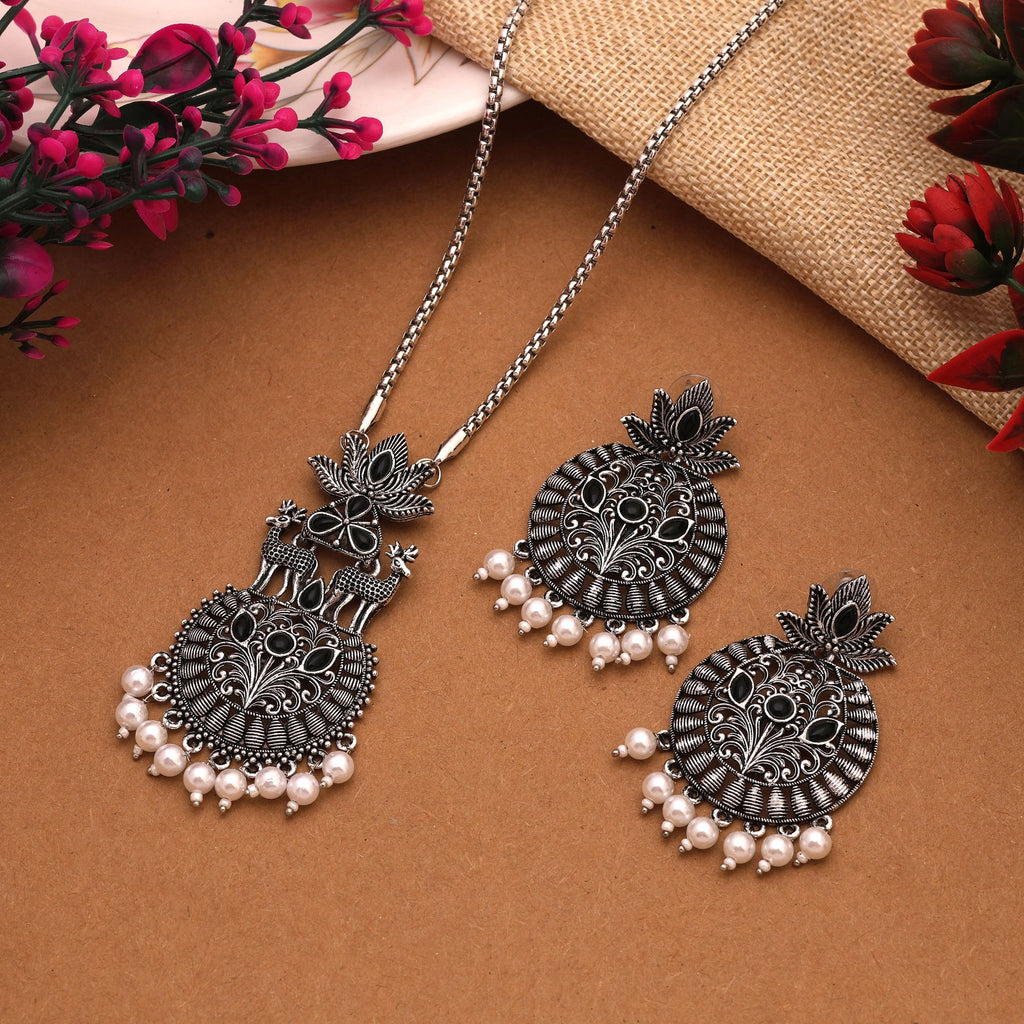 Stylish Black Color Oxidised Necklace Set With Mirror And Bead Work - Black