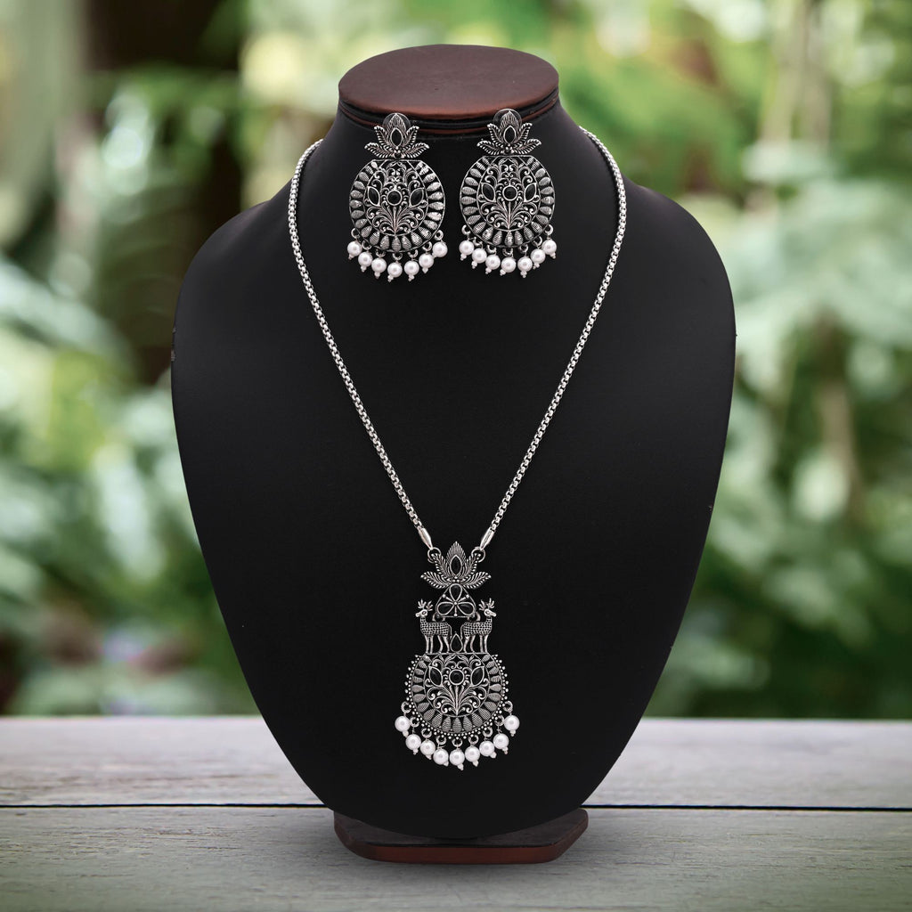 Stylish Black Color Oxidised Necklace Set With Mirror And Bead Work - Black