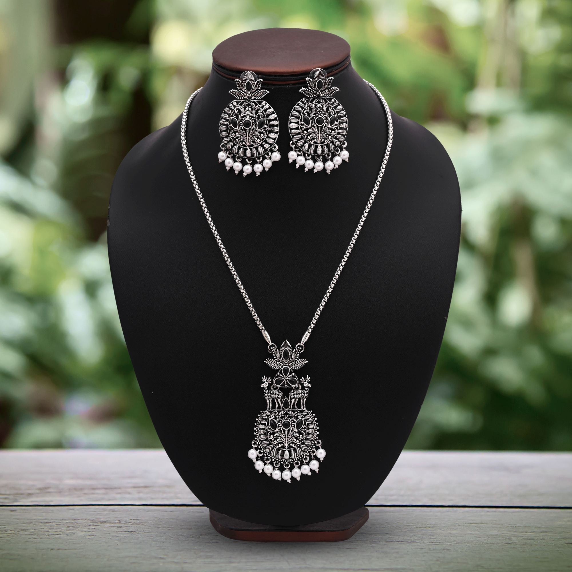 Stylish Black Color Oxidised Necklace Set With Mirror And Bead Work - Black