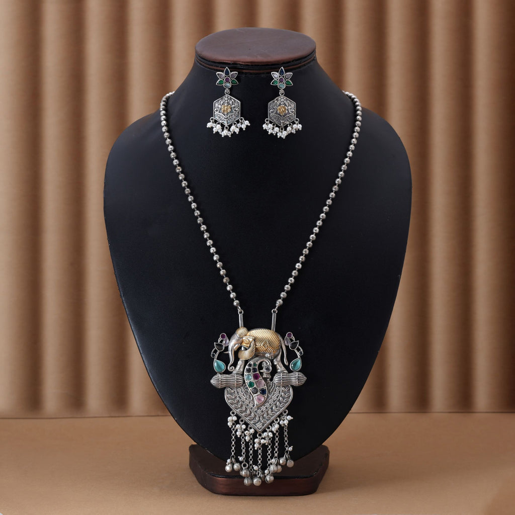 Multi Color Dual Tone Oxidised Necklace Set Featuring Vibrant Designs For Festive Traditional Styling - Multi