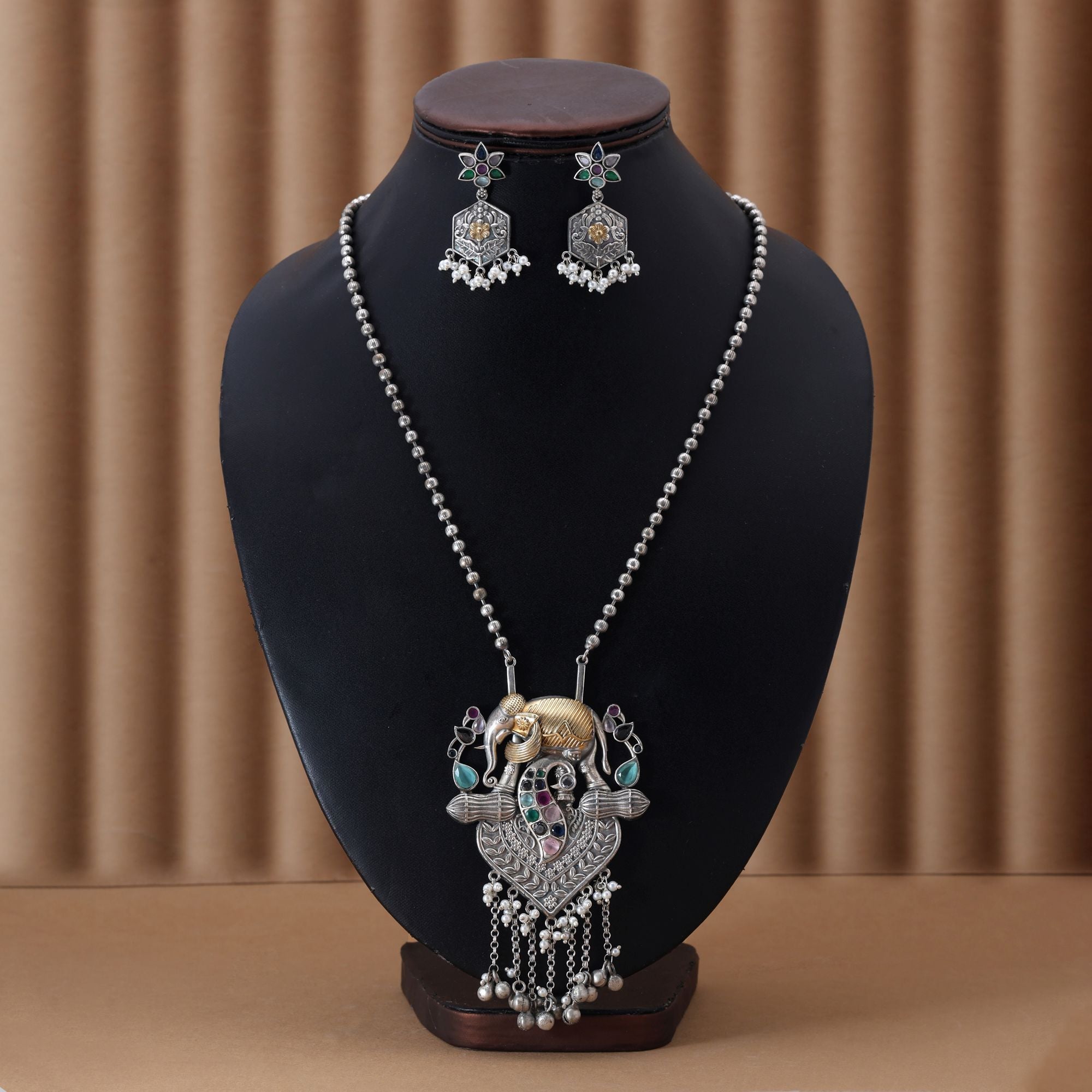 Multi Color Dual Tone Oxidised Necklace Set Featuring Vibrant Designs For Festive Traditional Styling - Multi