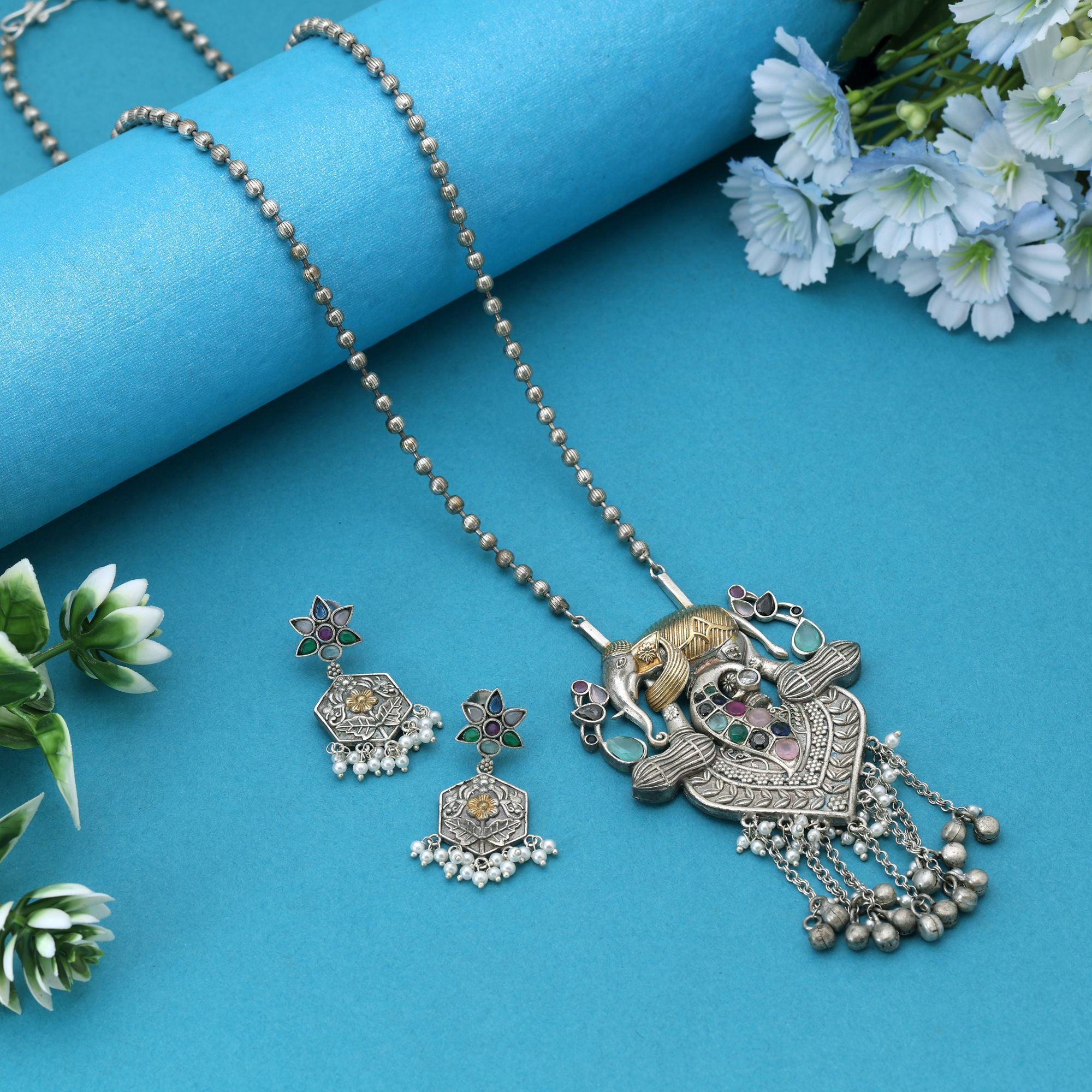 Multi Color Dual Tone Oxidised Necklace Set Featuring Vibrant Designs For Festive Traditional Styling - Multi