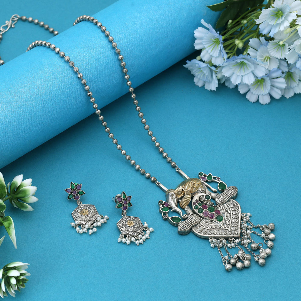 Rani & Green Color Dual Tone Oxidised Necklace Set With Beautifully Detailed Handcrafted Accents - Rani & Green