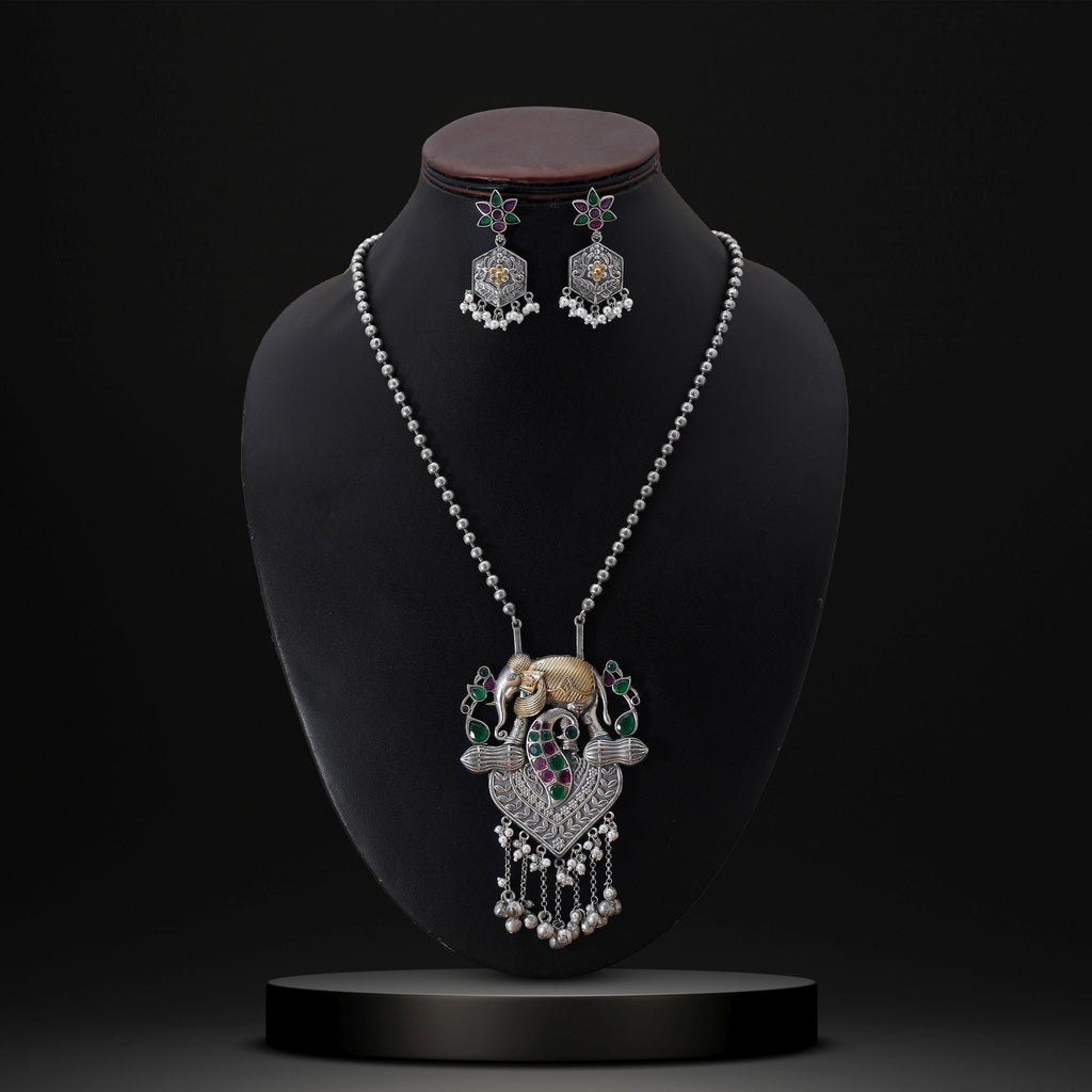 Rani & Green Color Dual Tone Oxidised Necklace Set With Beautifully Detailed Handcrafted Accents - Rani & Green