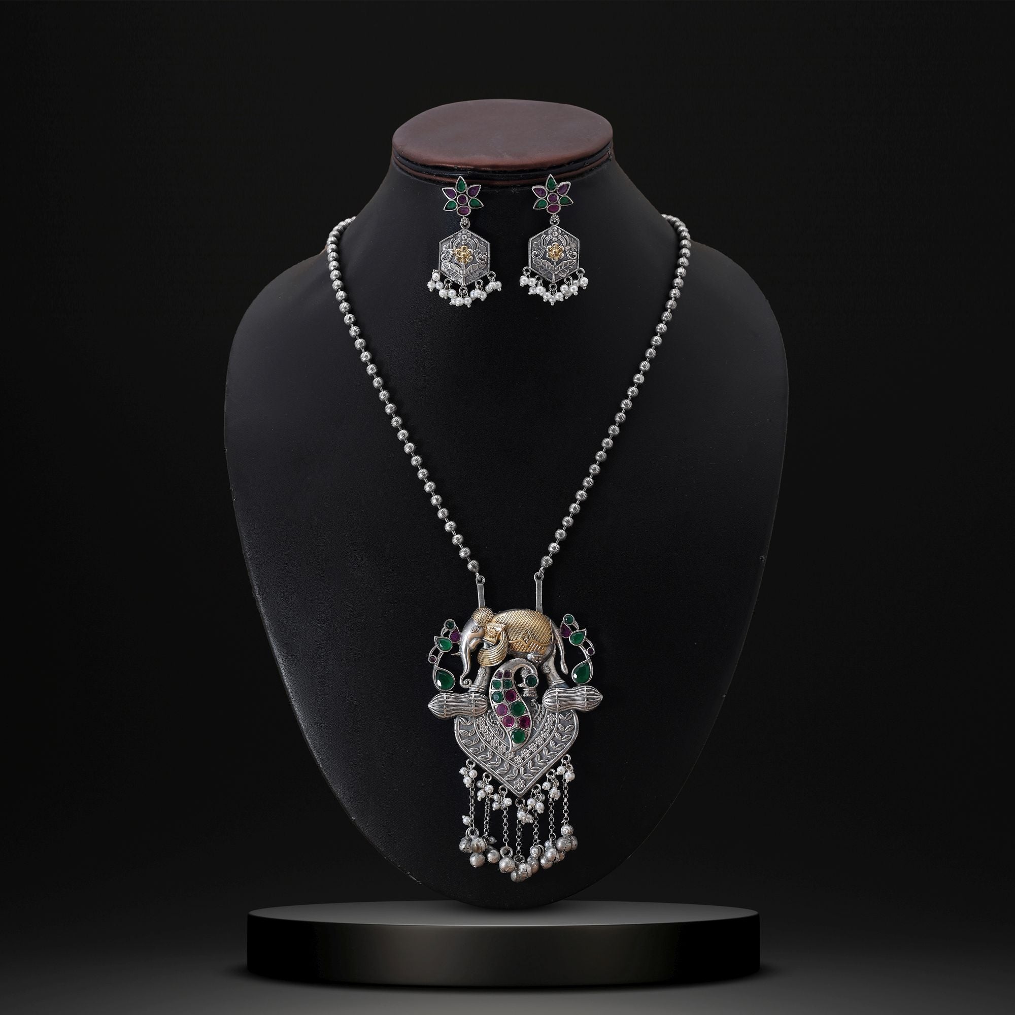 Rani & Green Color Dual Tone Oxidised Necklace Set With Beautifully Detailed Handcrafted Accents - Rani & Green