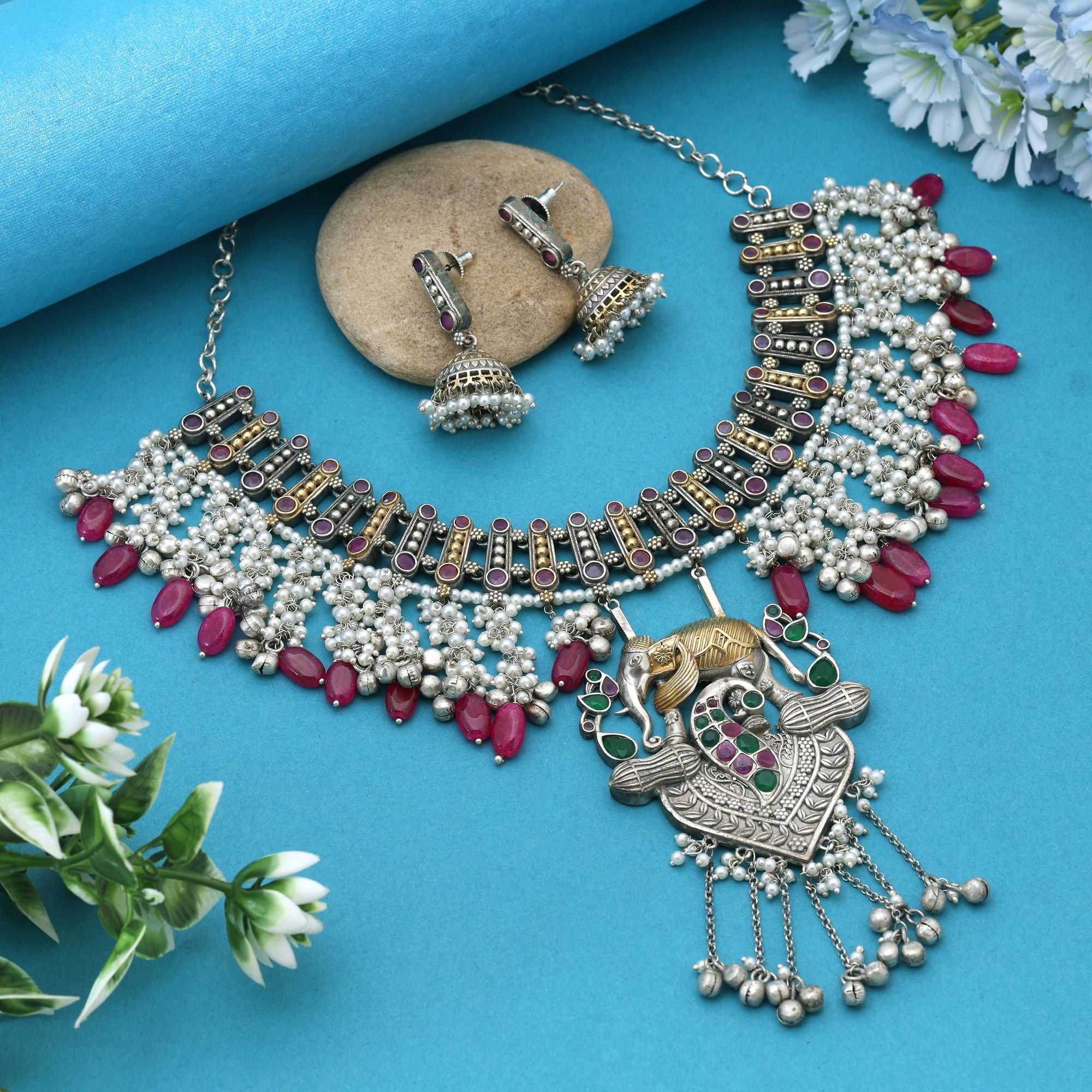 Rani & Green Color Dual Tone Oxidised Necklace Set Offering Regal Tones With Ornate Craftsmanship - Rani & Green