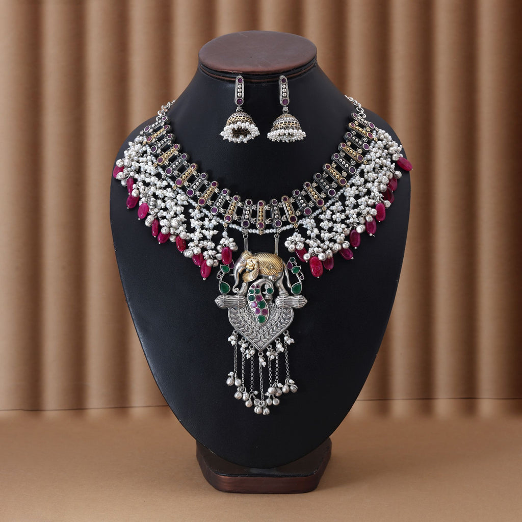 Rani & Green Color Dual Tone Oxidised Necklace Set Offering Regal Tones With Ornate Craftsmanship - Rani & Green