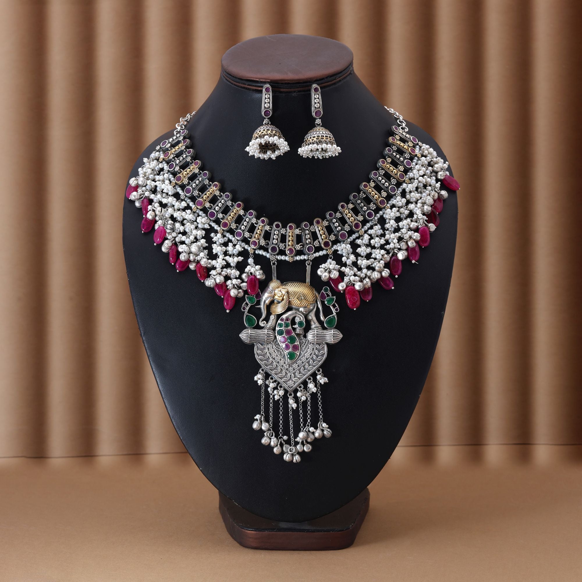 Rani & Green Color Dual Tone Oxidised Necklace Set Offering Regal Tones With Ornate Craftsmanship - Rani & Green