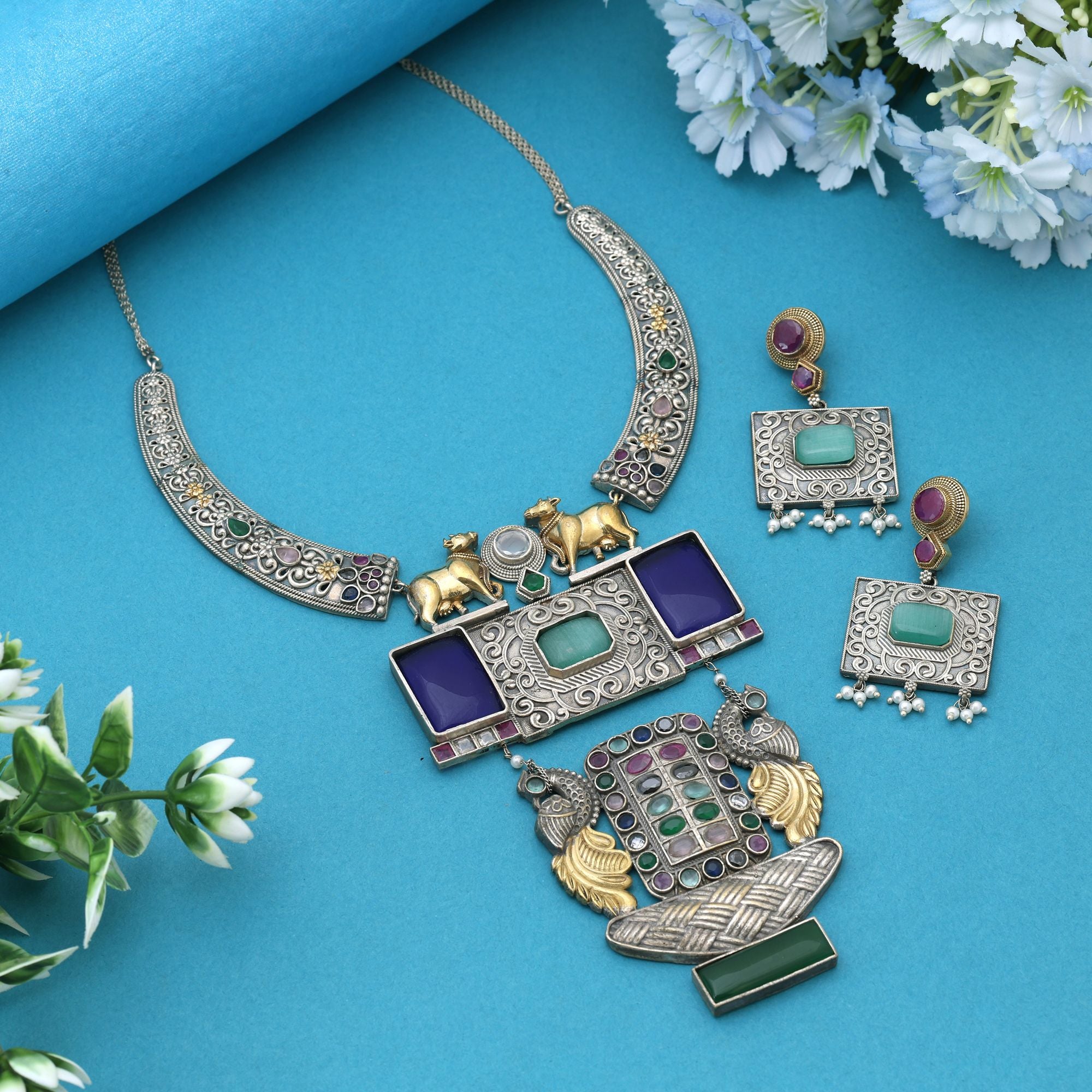 Multi Color Dual Tone Oxidised Necklace Set Reflecting Cultural Artistry With Striking Decorative Details - Multi