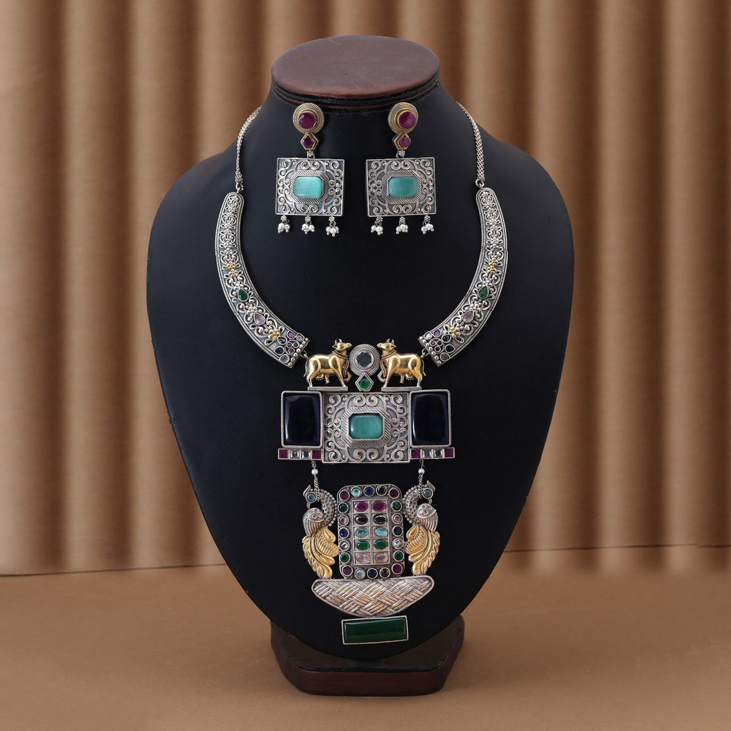 Multi Color Dual Tone Oxidised Necklace Set Reflecting Cultural Artistry With Striking Decorative Details - Multi