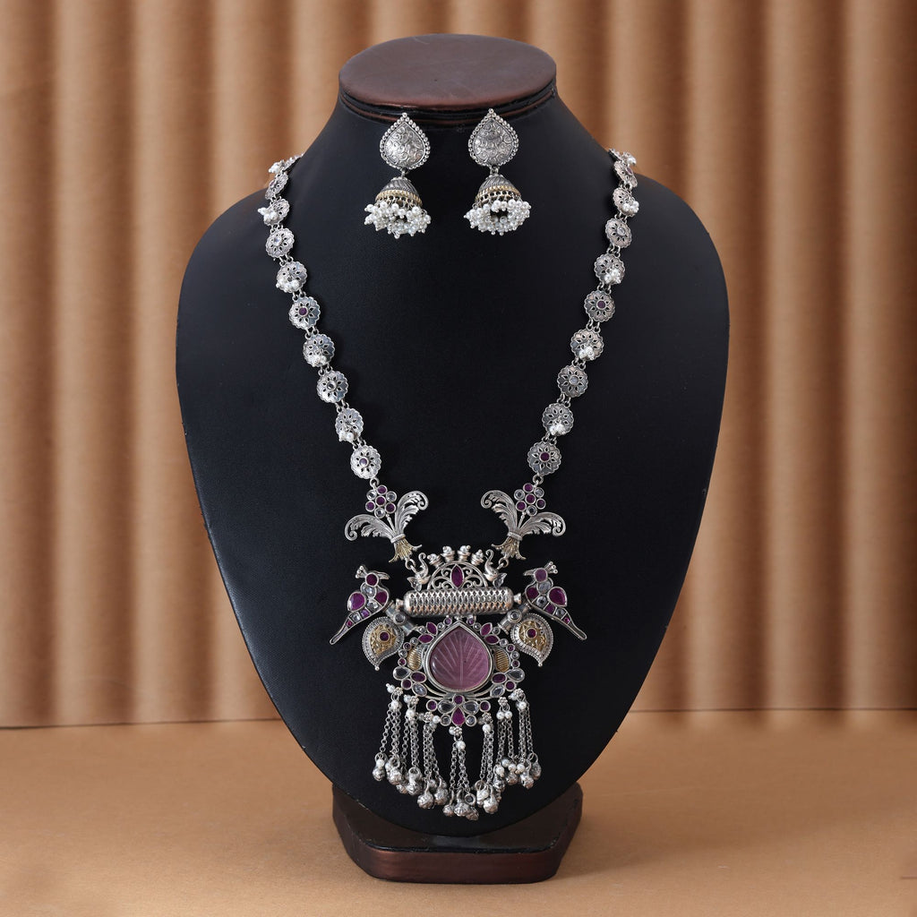 Light Pink & Rani Color Dual Tone Oxidised Necklace Set Blending Soft Tones With Exquisite Oxidised Styling - Light Pink & Rani