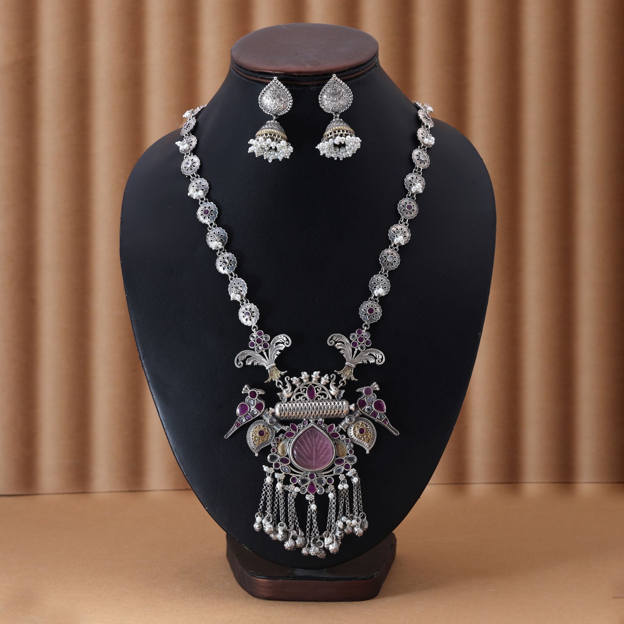 Light Pink & Rani Color Dual Tone Oxidised Necklace Set Blending Soft Tones With Exquisite Oxidised Styling - Light Pink & Rani