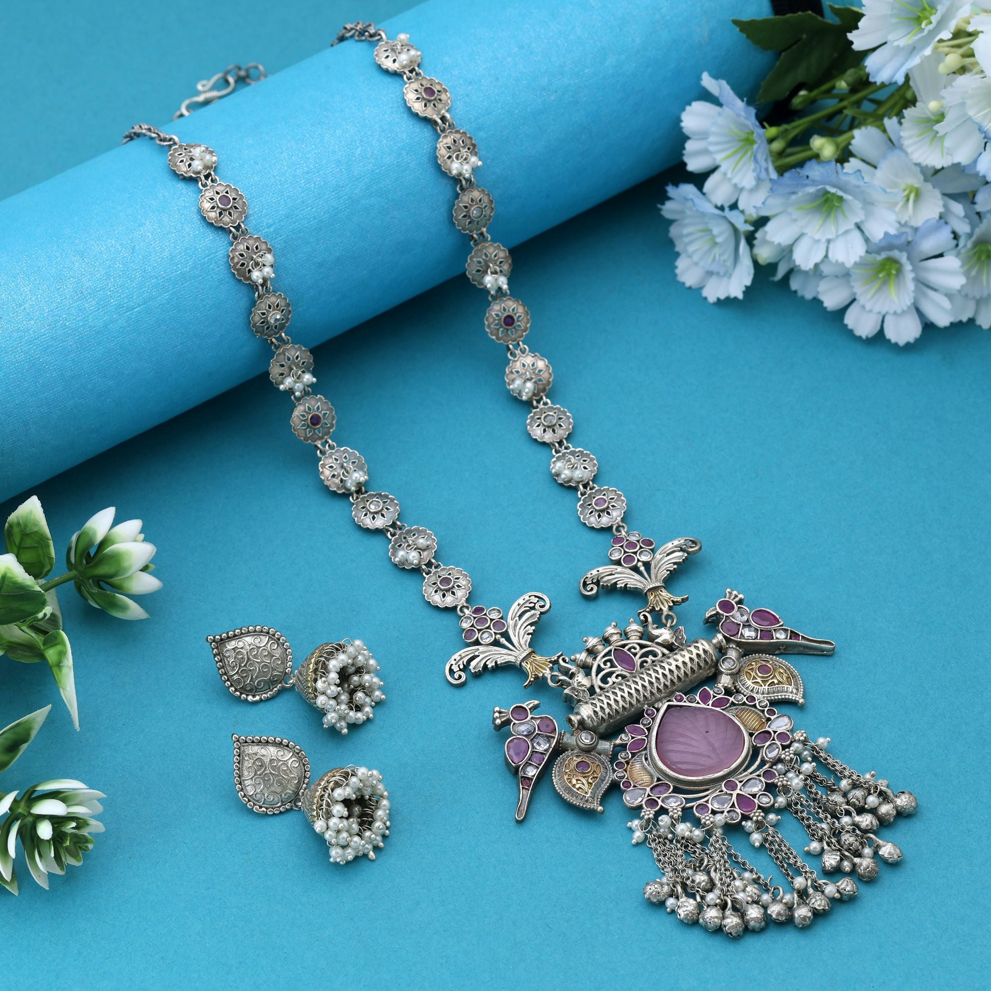 Light Pink & Rani Color Dual Tone Oxidised Necklace Set Blending Soft Tones With Exquisite Oxidised Styling - Light Pink & Rani