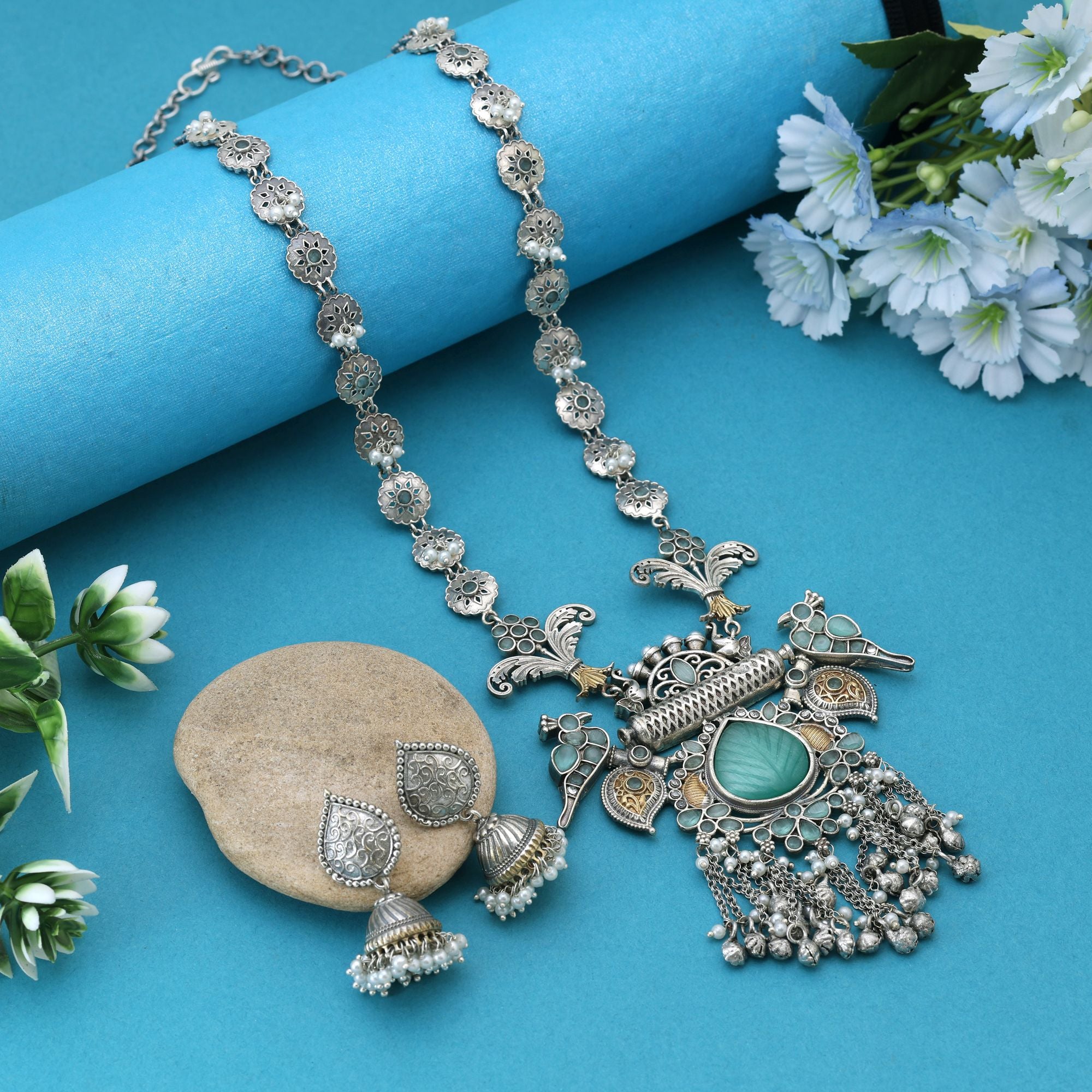 Pista Green Color Dual Tone Oxidised Necklace Set Infused With Refreshing Tones And Detailed Metalwork - Pista Green