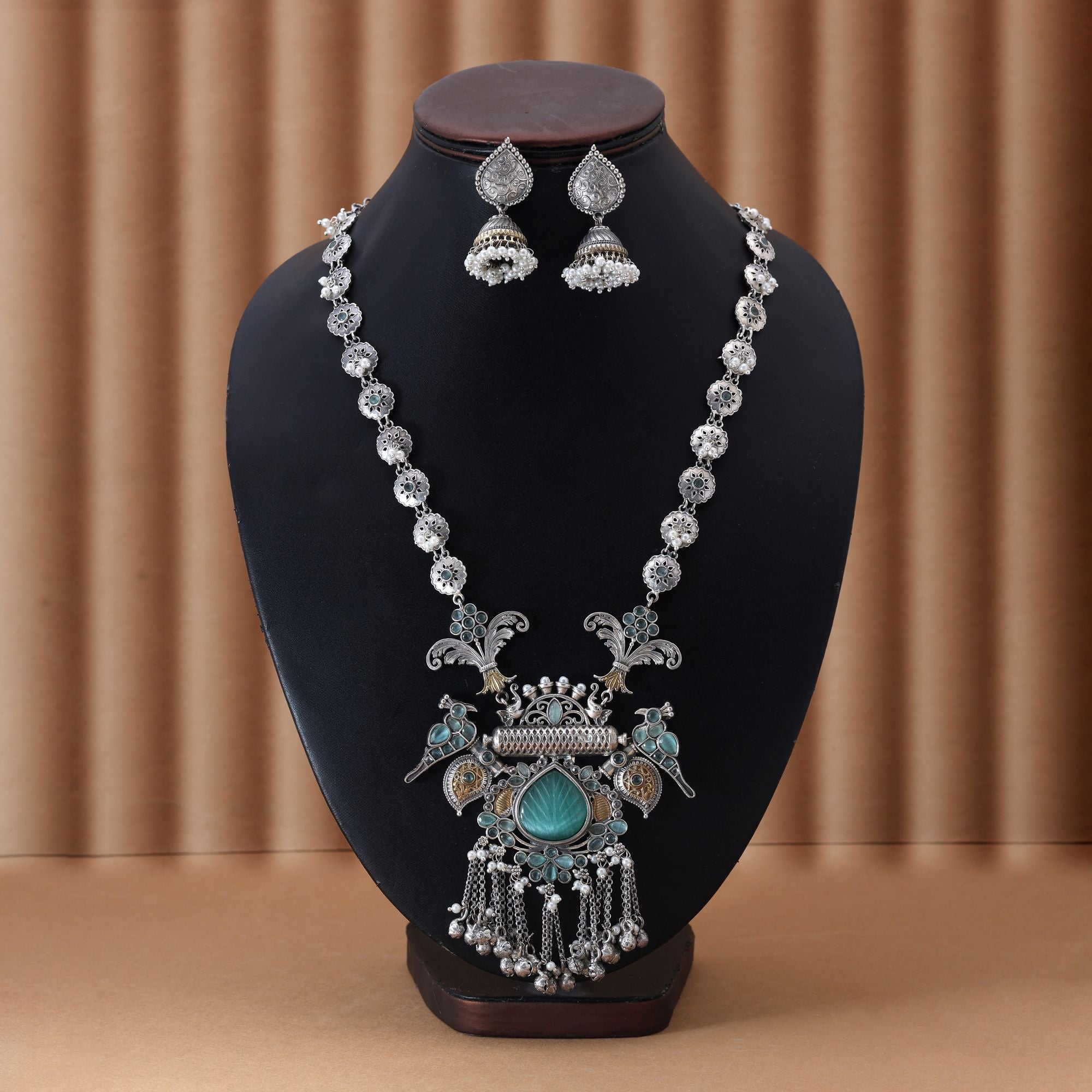 Pista Green Color Dual Tone Oxidised Necklace Set Infused With Refreshing Tones And Detailed Metalwork - Pista Green