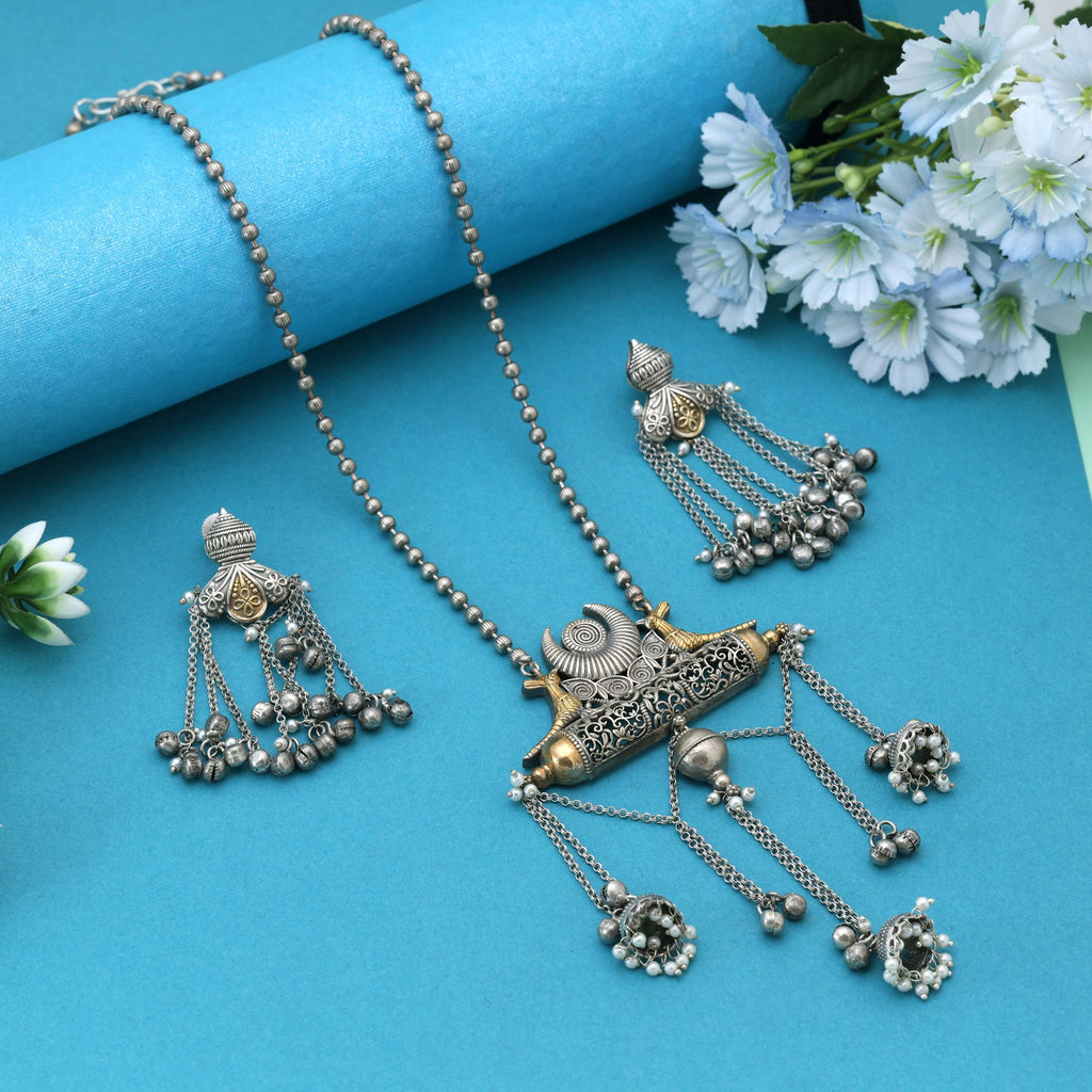 Silver Color Dual Tone Oxidised Necklace Set Featuring Classic Metallic Tones With Ornate Oxidised Texture - Silver