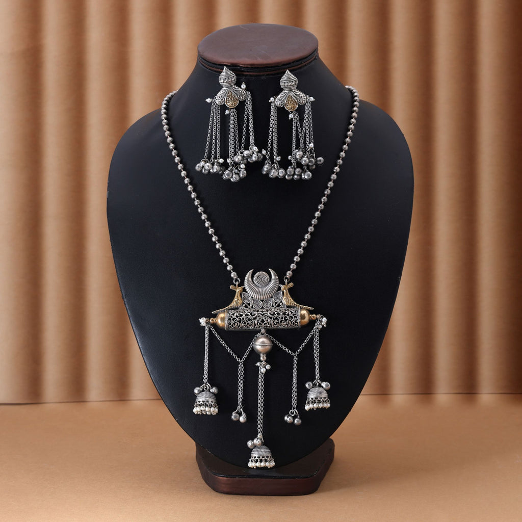 Silver Color Dual Tone Oxidised Necklace Set Featuring Classic Metallic Tones With Ornate Oxidised Texture - Silver