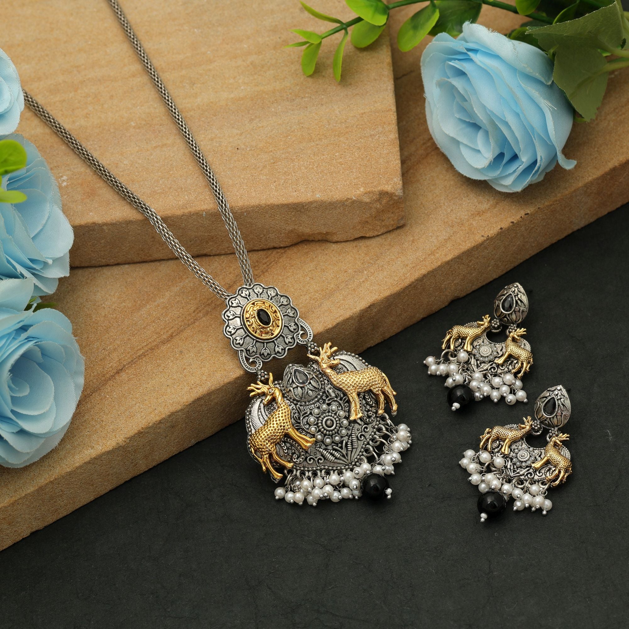 Dual Tone Oxidised Necklace Set Traditional Festive Jewelry