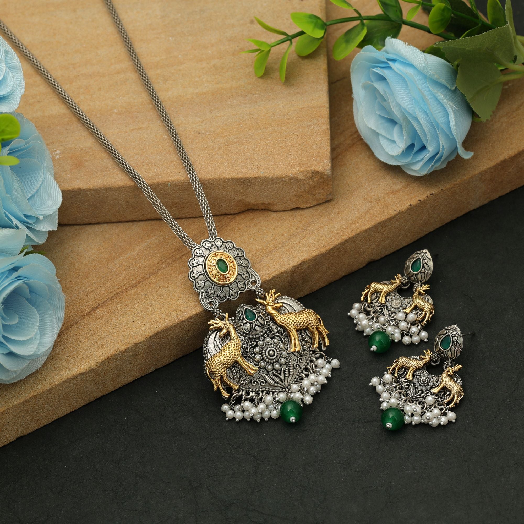 Dual Tone Oxidised Necklace Set Traditional Festive Jewelry