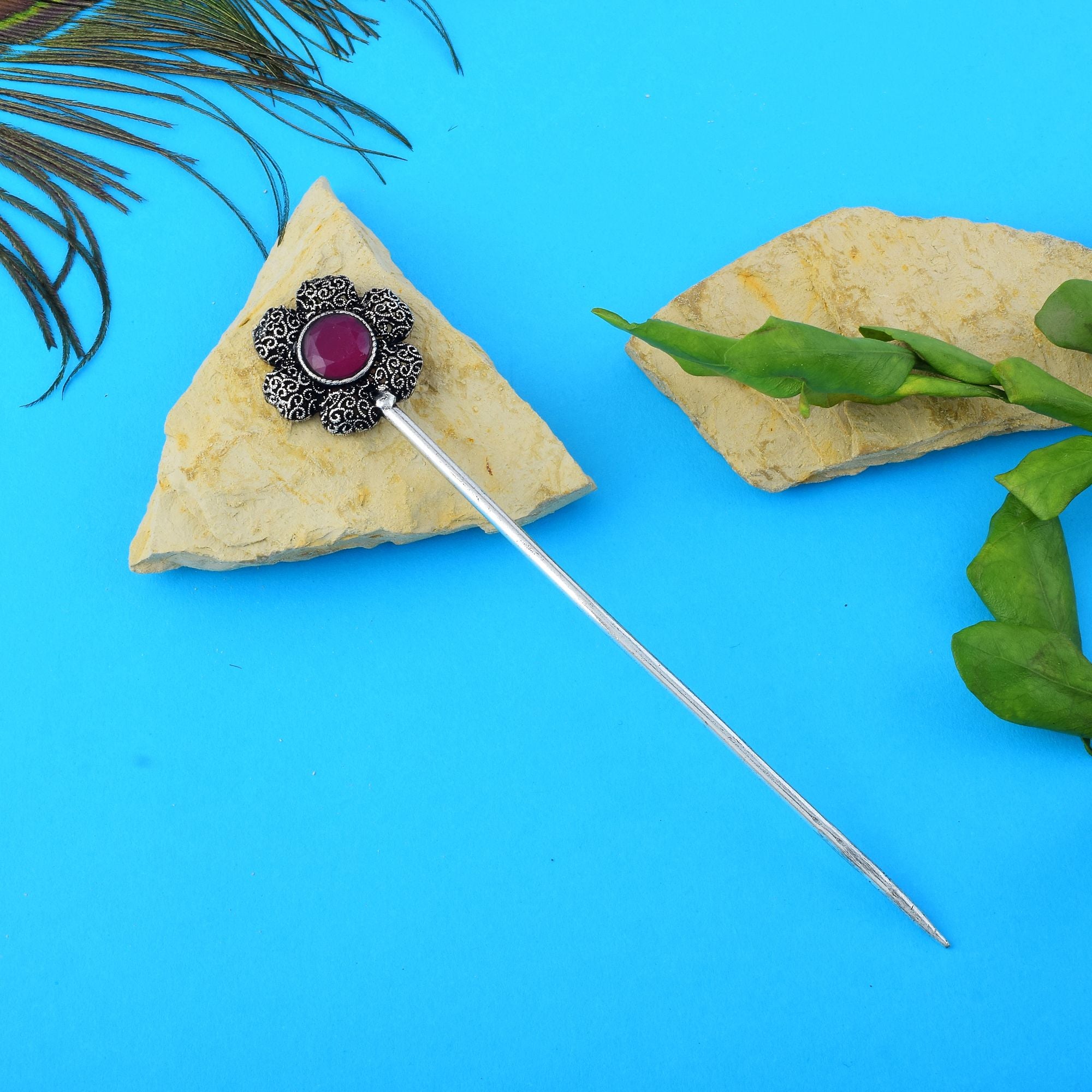 Elegant Rani Color Oxidised Hair Pin Designed For Traditional Wear And Party Styling Jewelry - Rani