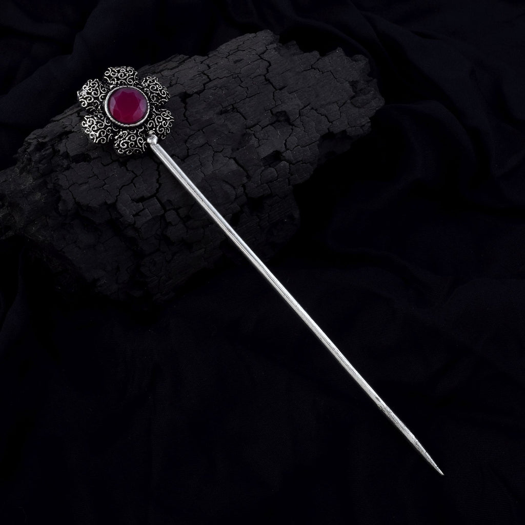 Elegant Rani Color Oxidised Hair Pin Designed For Traditional Wear And Party Styling Jewelry - Rani