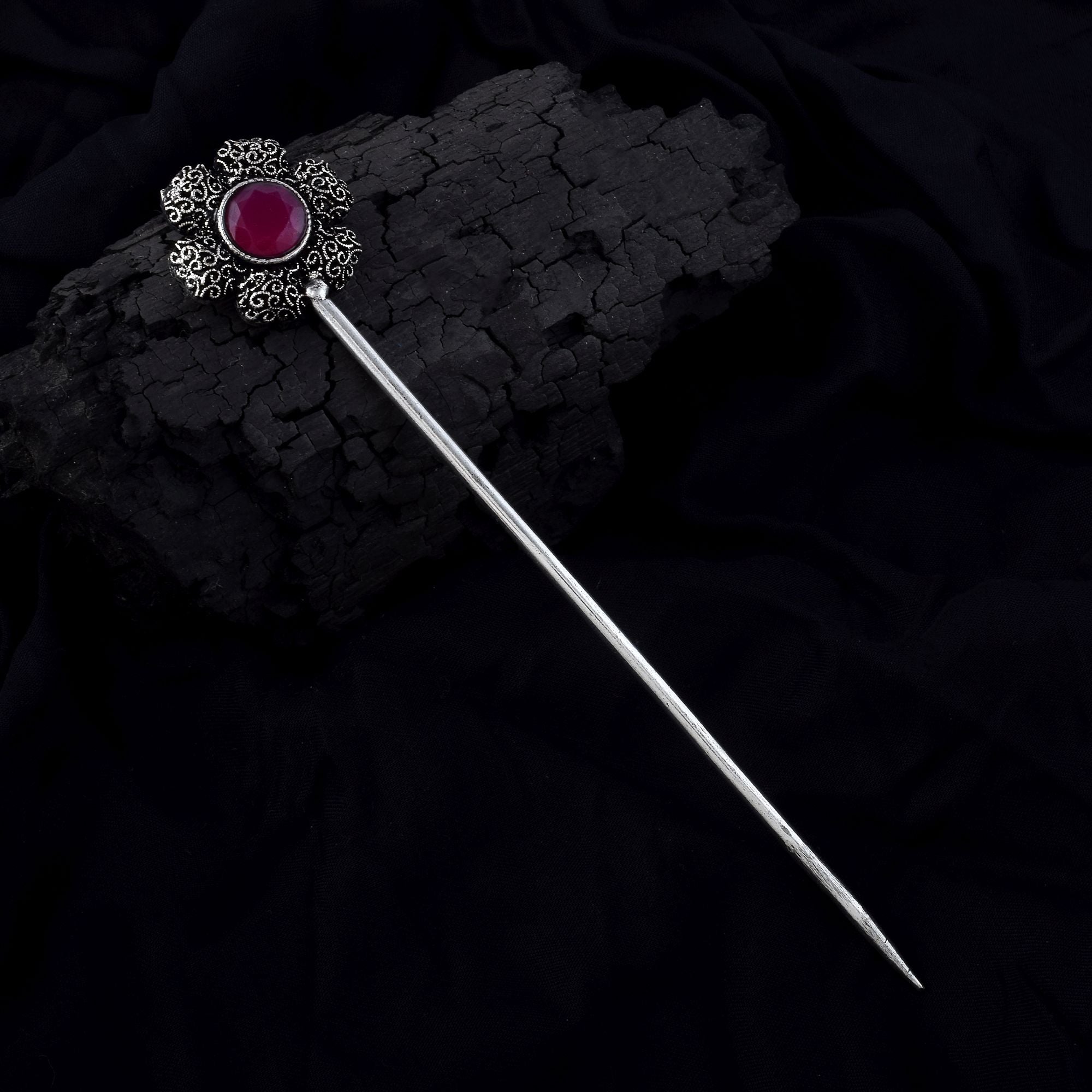 Elegant Rani Color Oxidised Hair Pin Designed For Traditional Wear And Party Styling Jewelry - Rani