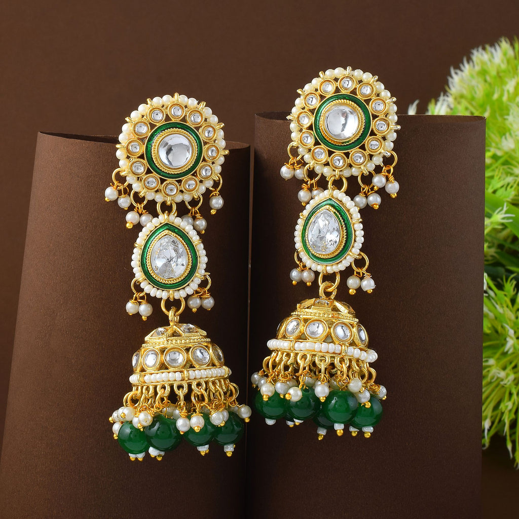 Stunning Green Color Meena Work Kundan Earrings Perfect for Weddings, Parties, and Festivals - Green
