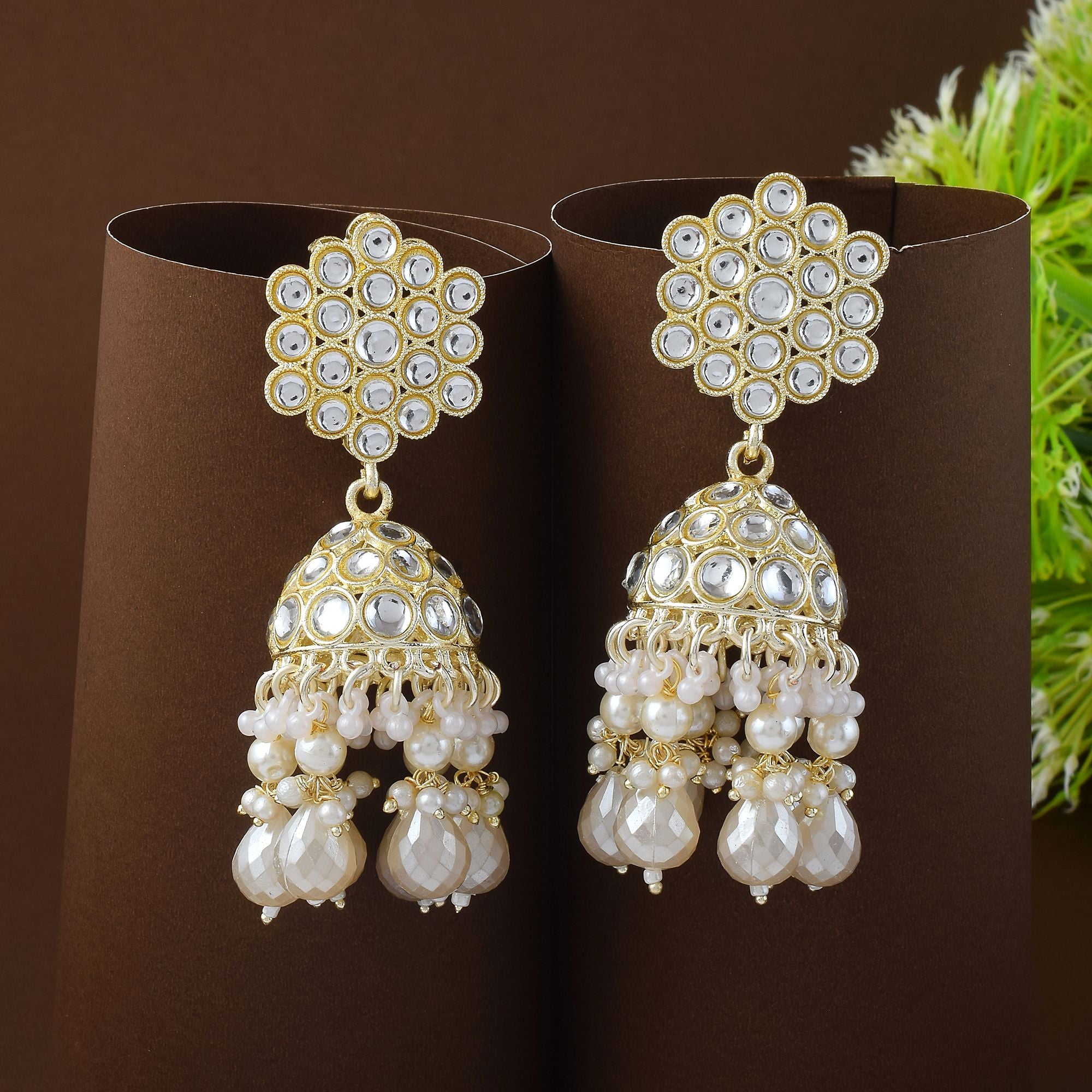 Classic White Color Kundan Earrings Designed for Bridal Wear and Traditional Wedding Jewelry - White