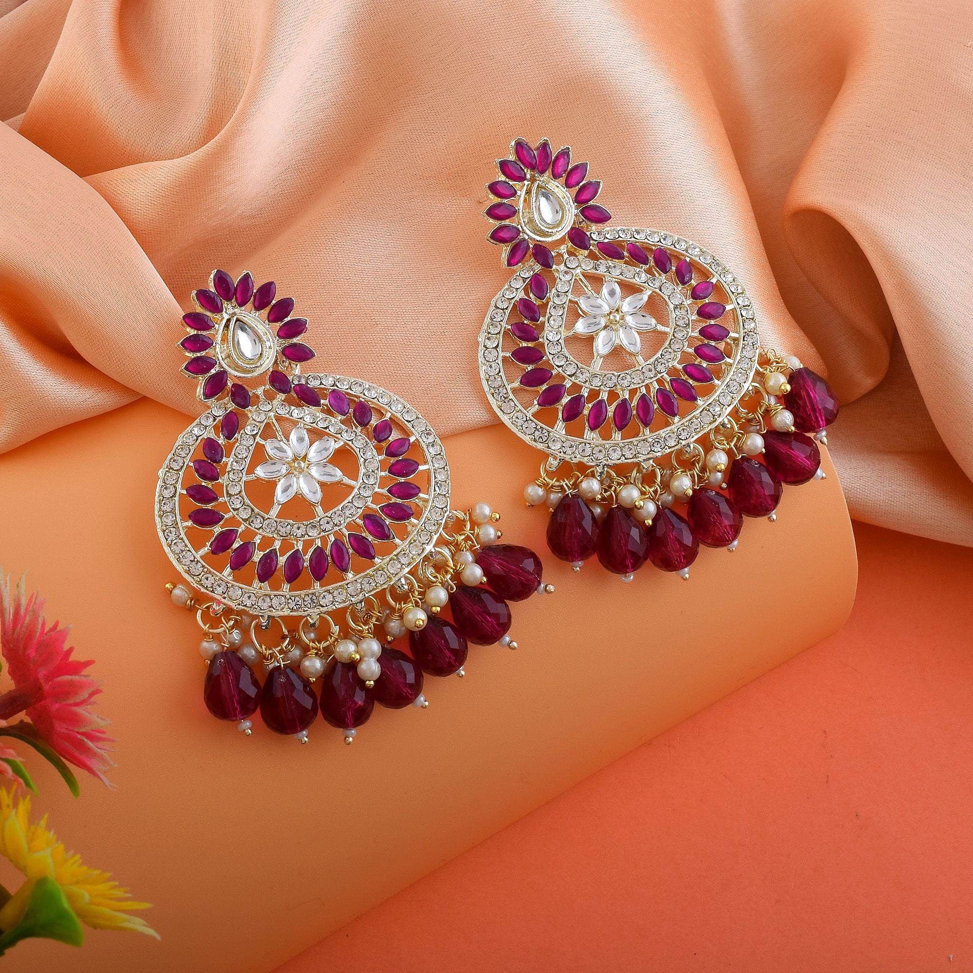 Purple Color Kundan Earrings - Purple