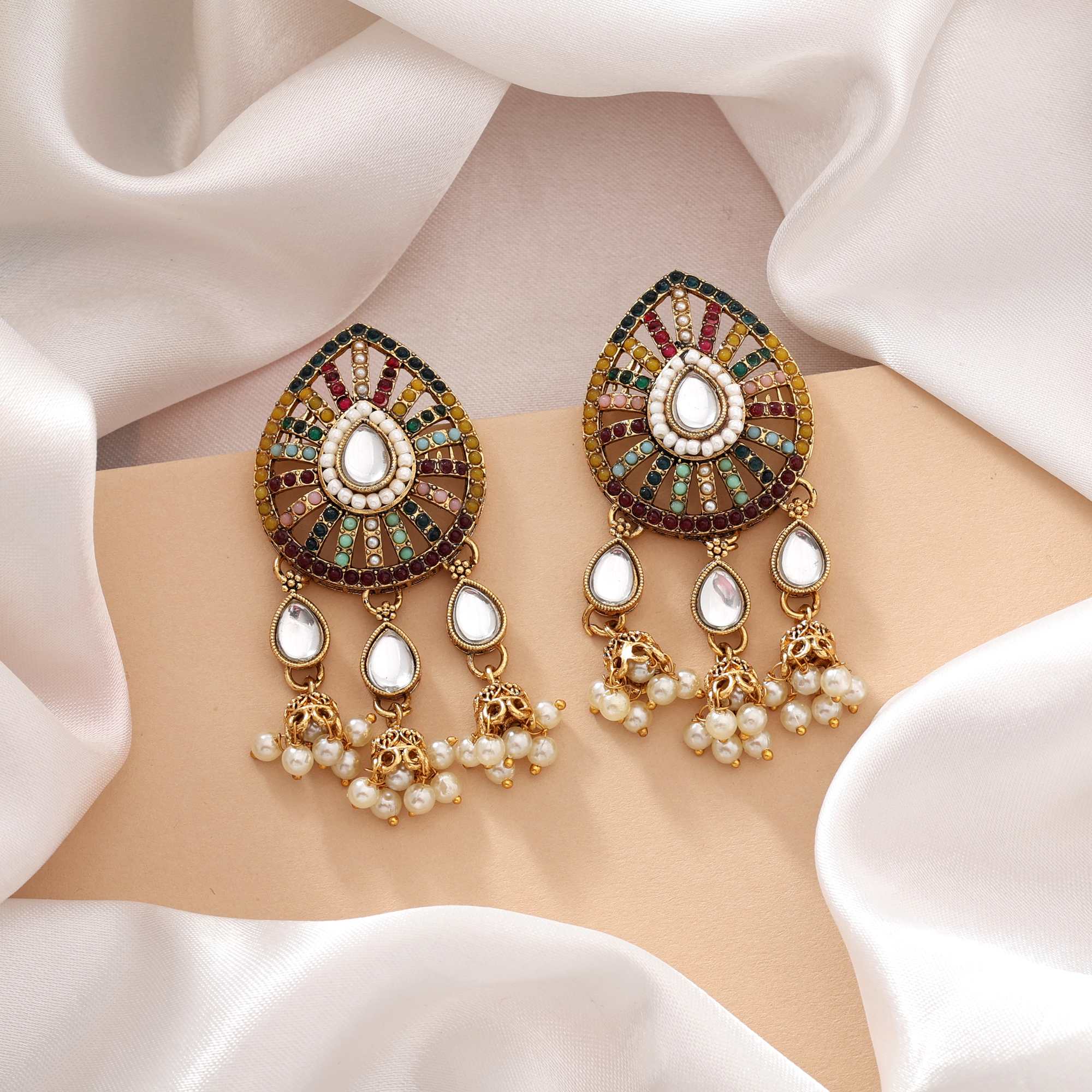 Multi Color Kundan Earrings With Antique Gold Polish And Elegant Pearl Work - Multi