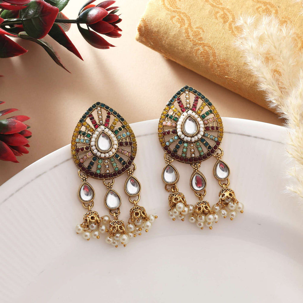 Multi Color Kundan Earrings With Antique Gold Polish And Elegant Pearl Work - Multi