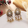 Multi Color Kundan Earrings With Antique Gold Polish And Elegant Pearl Work - Multi
