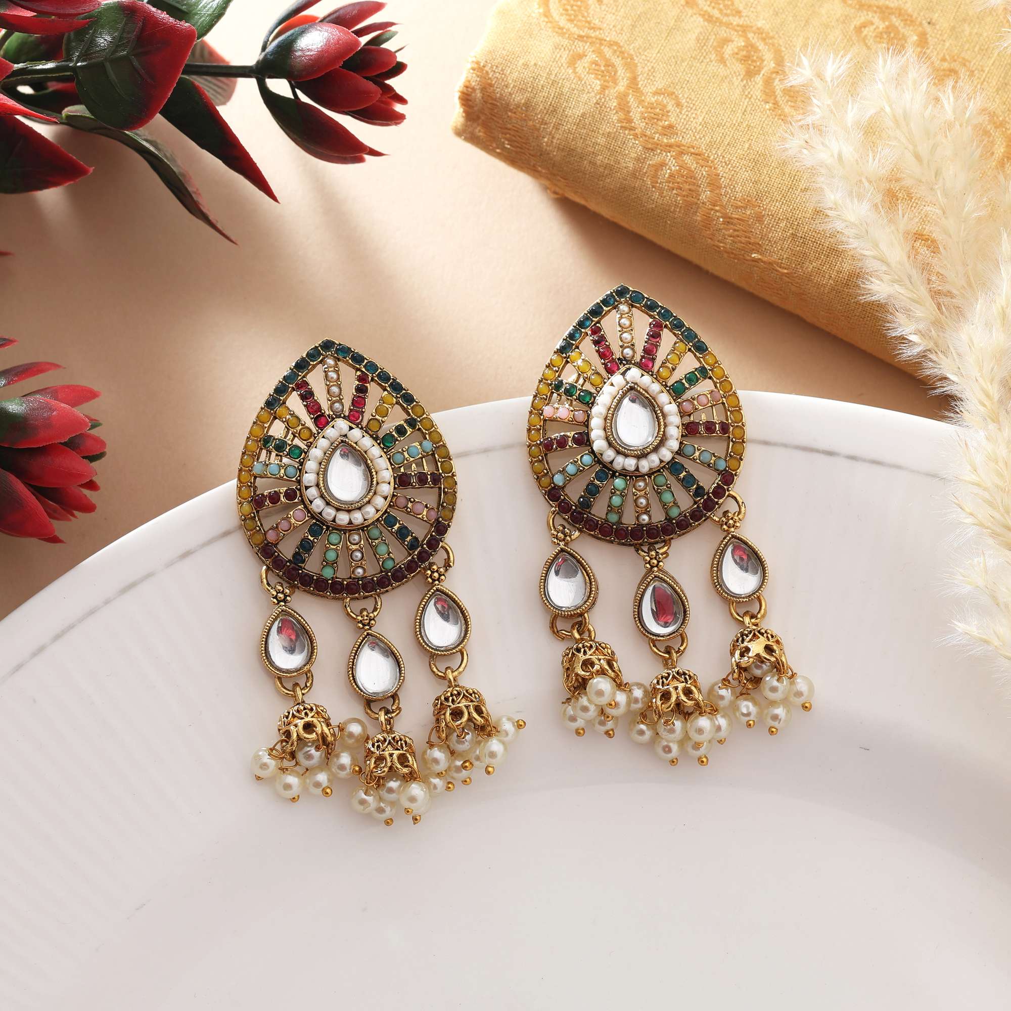 Multi Color Kundan Earrings With Antique Gold Polish And Elegant Pearl Work - Multi