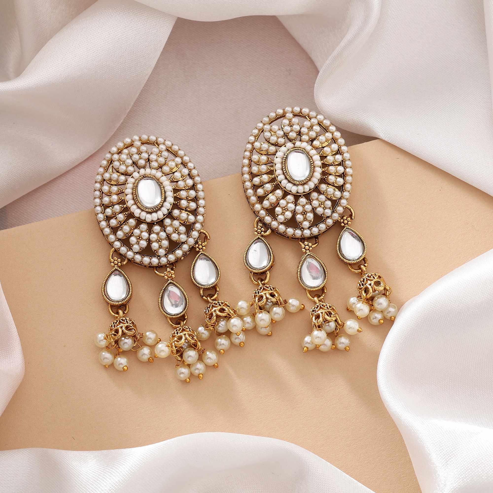 White Color Kundan Earrings With Polished Stones For Wedding Occasions - White