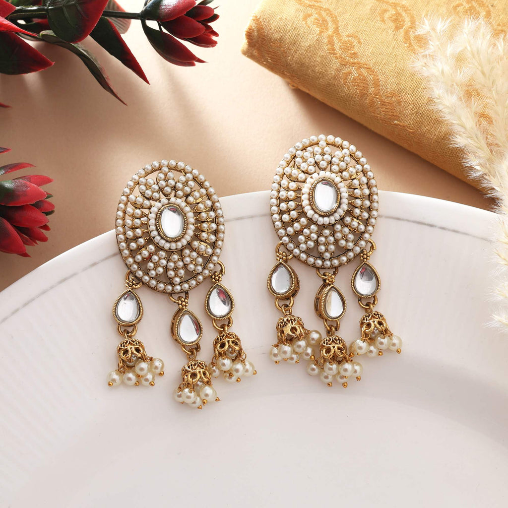 White Color Kundan Earrings With Polished Stones For Wedding Occasions - White