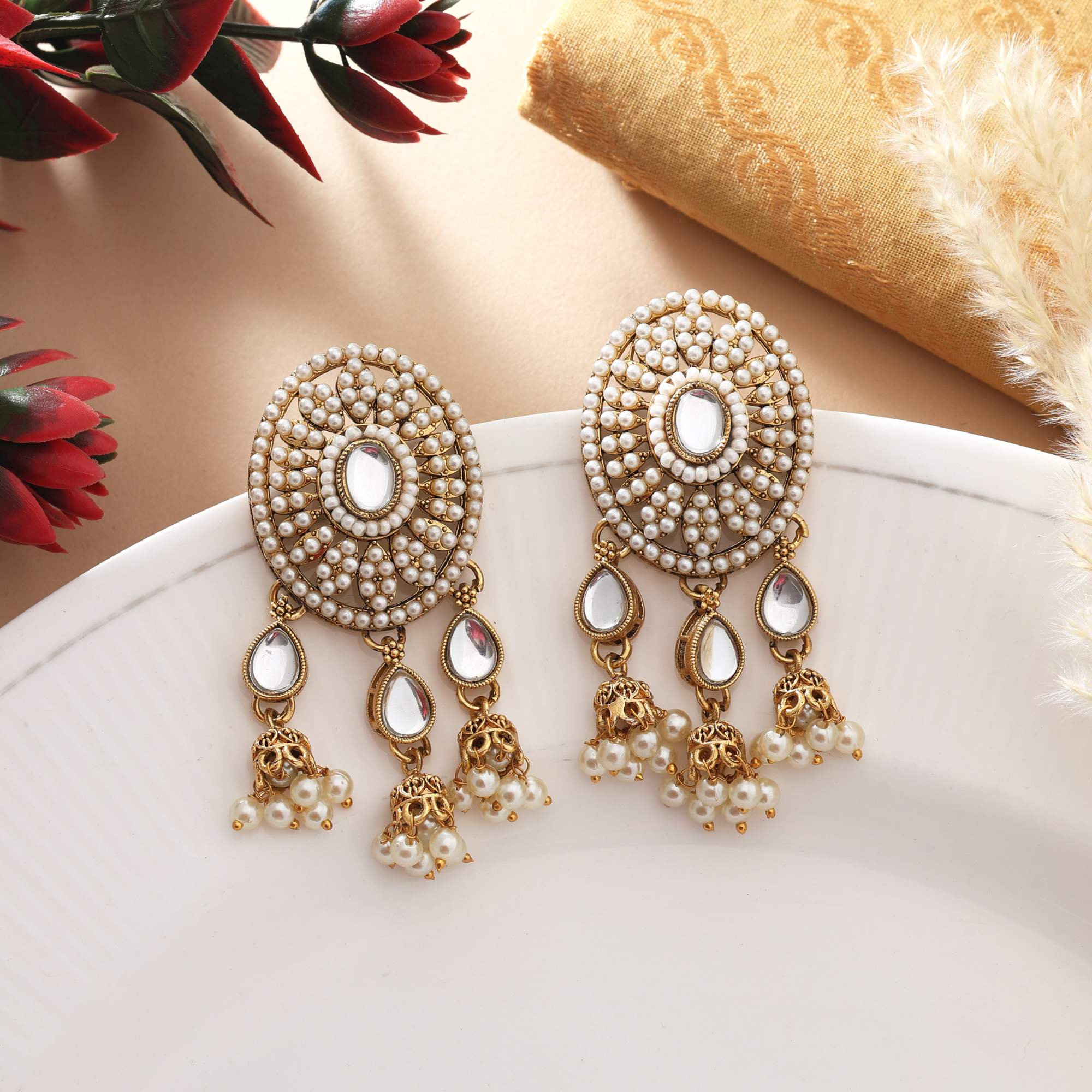 White Color Kundan Earrings With Polished Stones For Wedding Occasions - White