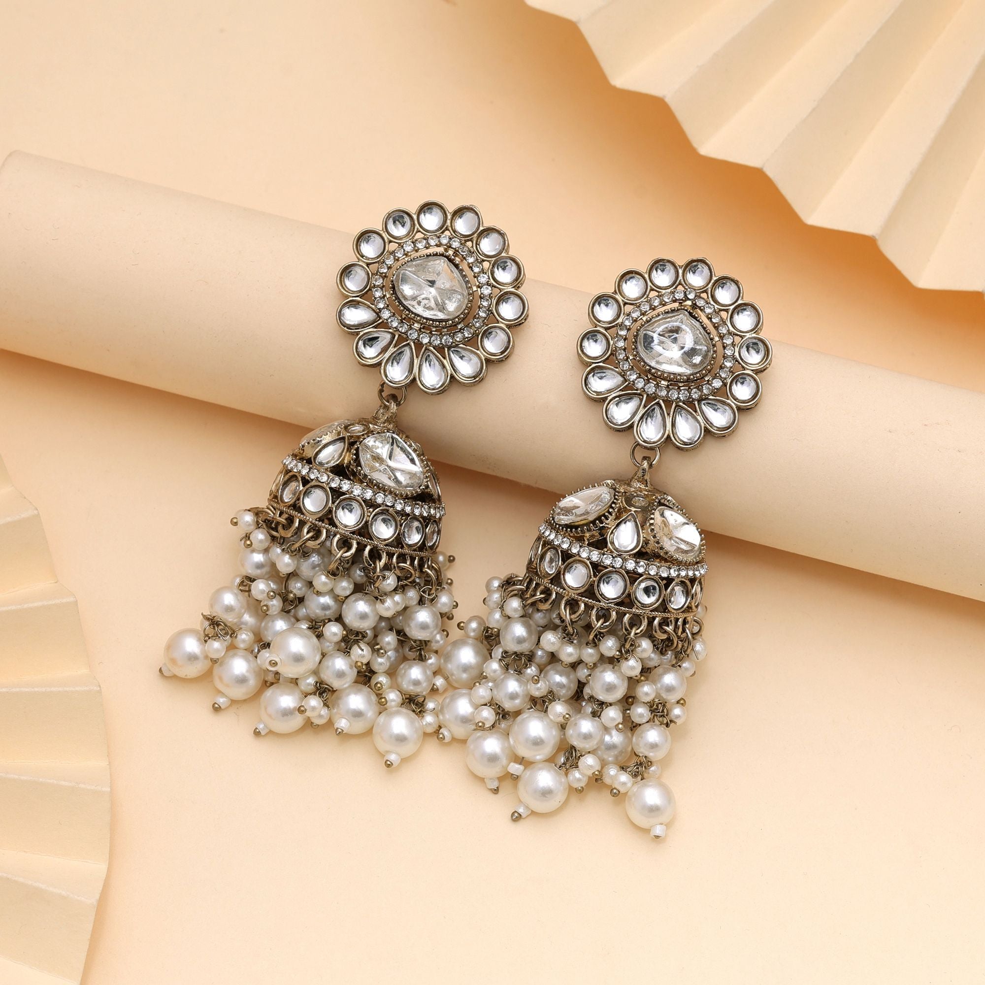 White Color Kundan Earrings Offering Classic Elegance For Ethnic Wear - White