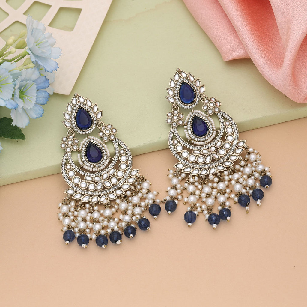 Blue Color Kundan Earrings Inspired By Traditional Indian Aesthetics - Blue