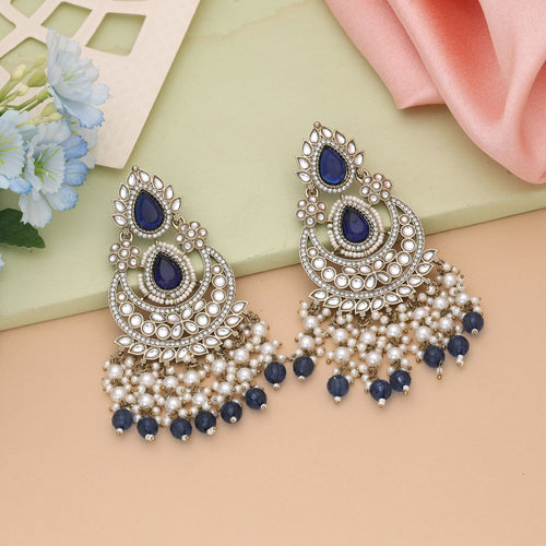 Blue Color Kundan Earrings Inspired By Traditional Indian Aesthetics - Blue
