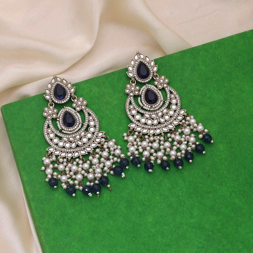 Blue Color Kundan Earrings Inspired By Traditional Indian Aesthetics - Blue
