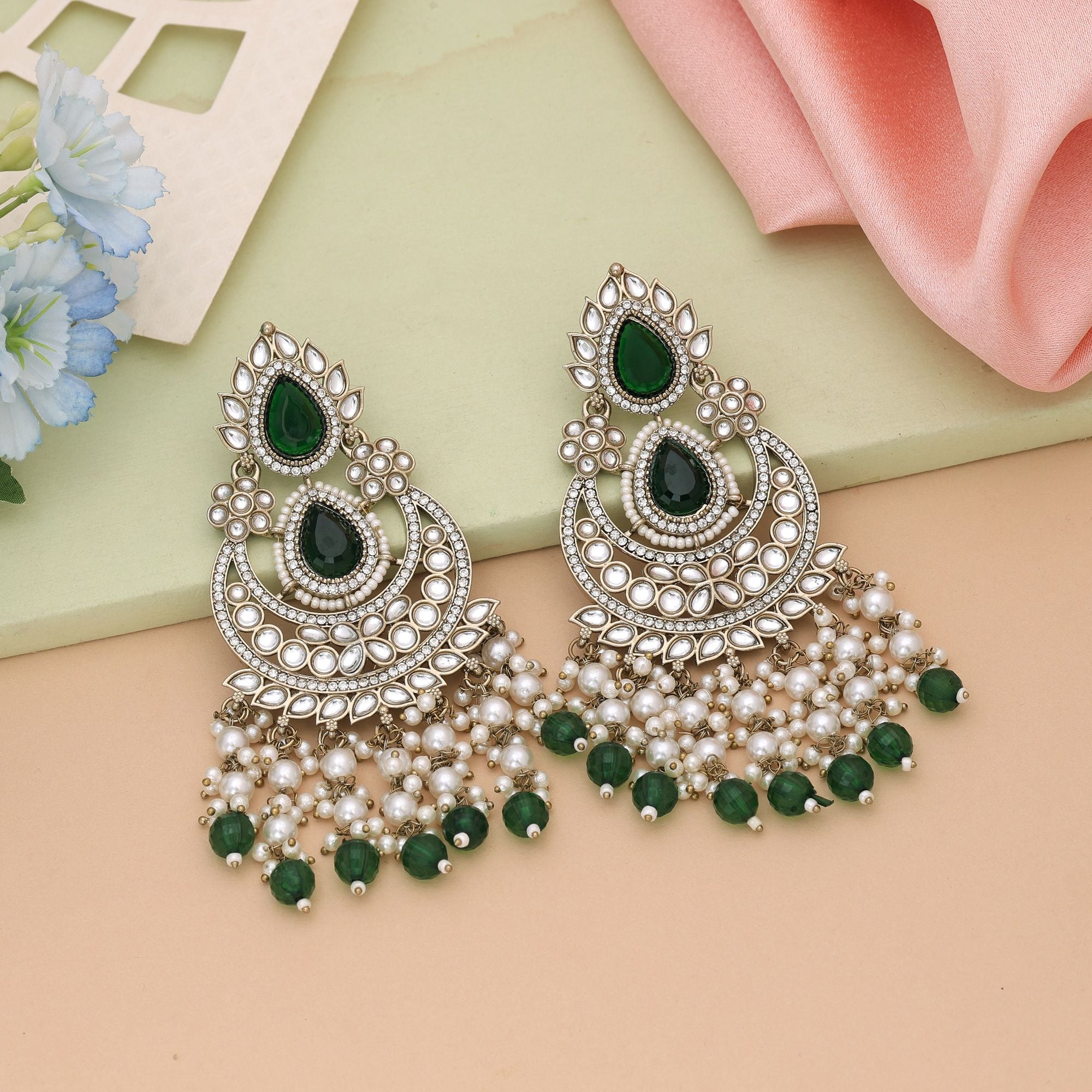 Green Color Kundan Earrings Designed To Complement Ethnic Outfits - Green