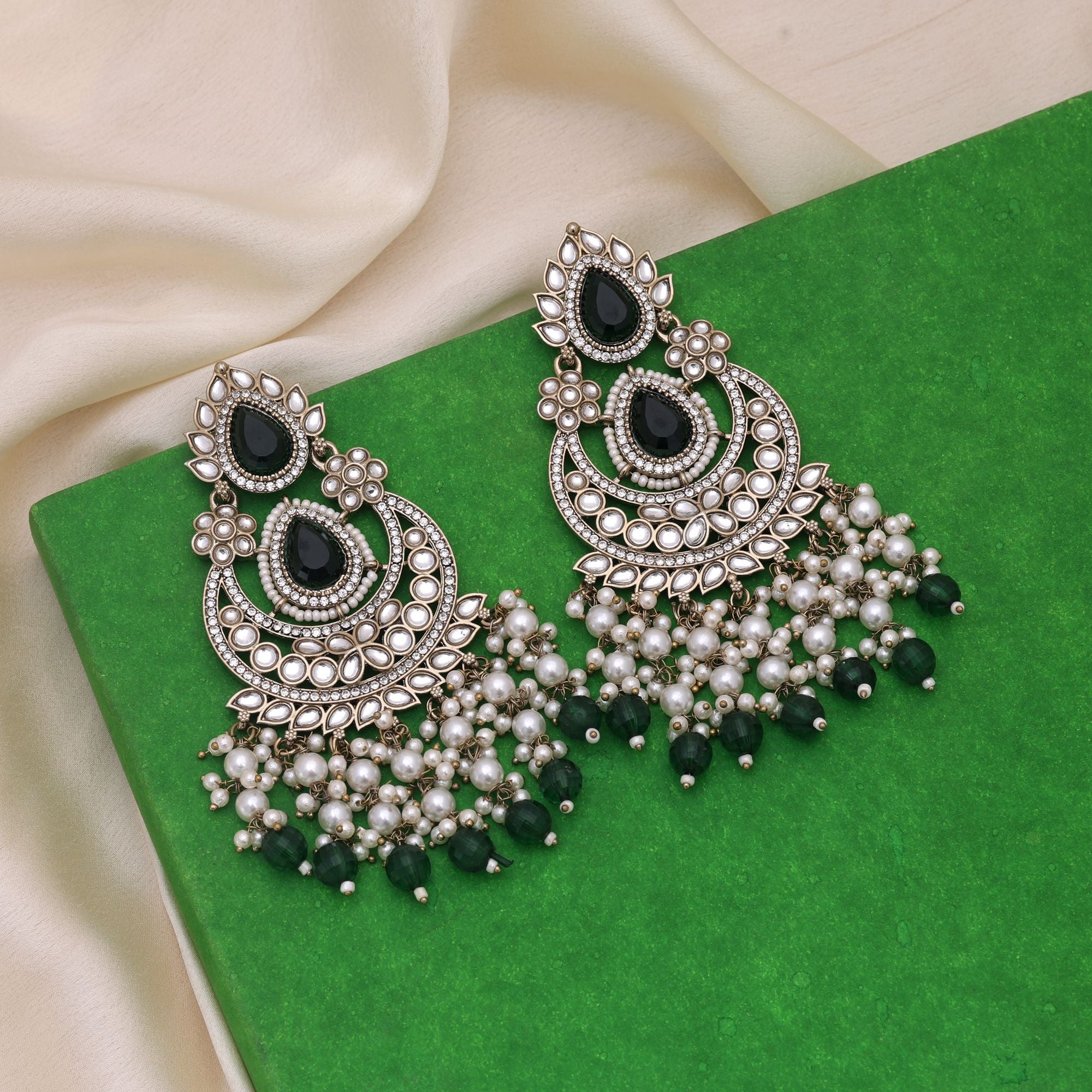 Green Color Kundan Earrings Designed To Complement Ethnic Outfits - Green