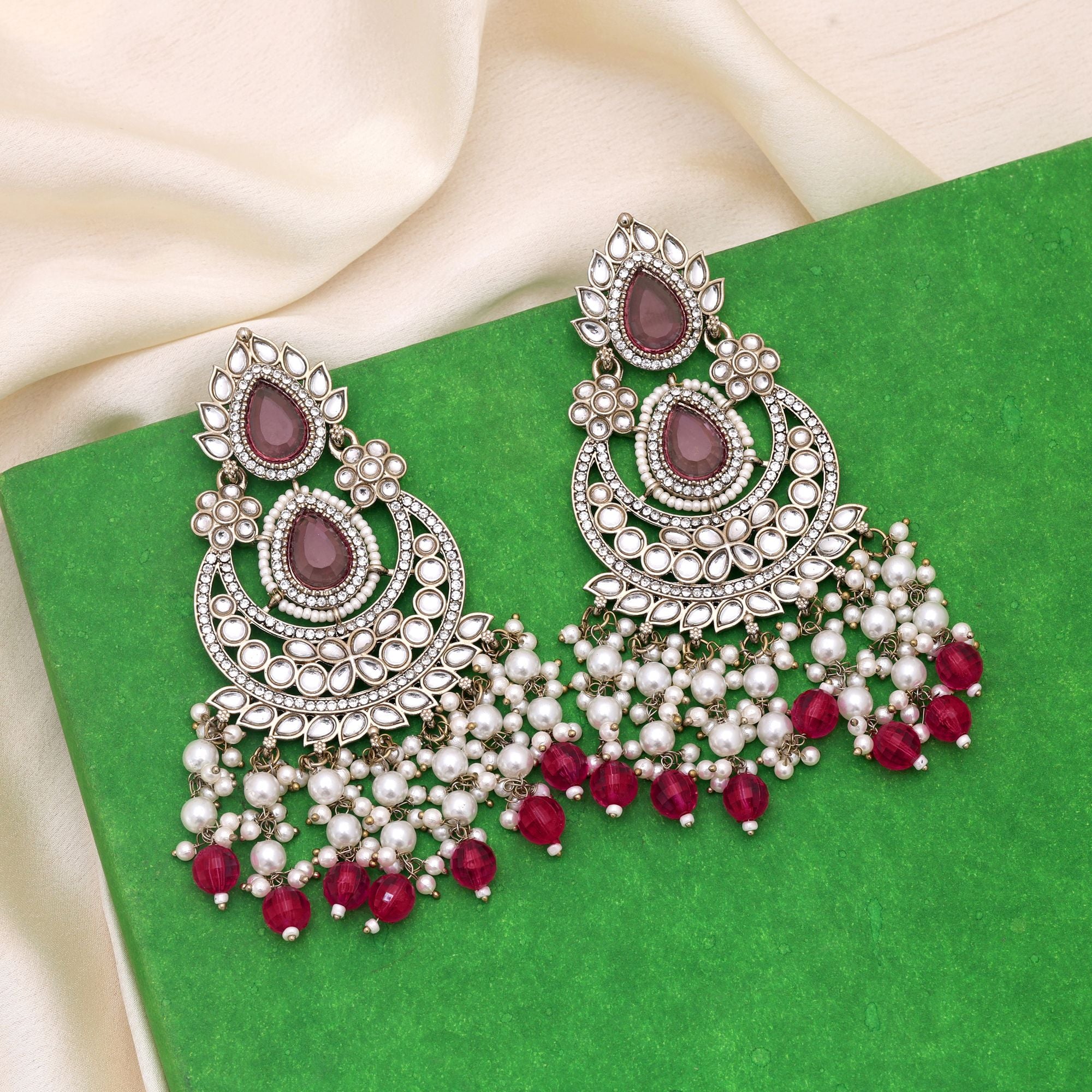 Rani Color Kundan Earrings Offering Royal Shine And Festive Beauty - Rani