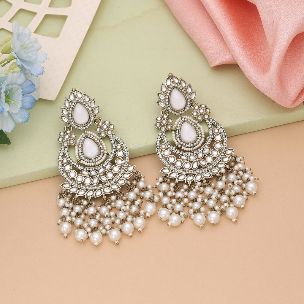 White Color Kundan Earrings Styled For Minimal Yet Elegant Ethnic Wear - White