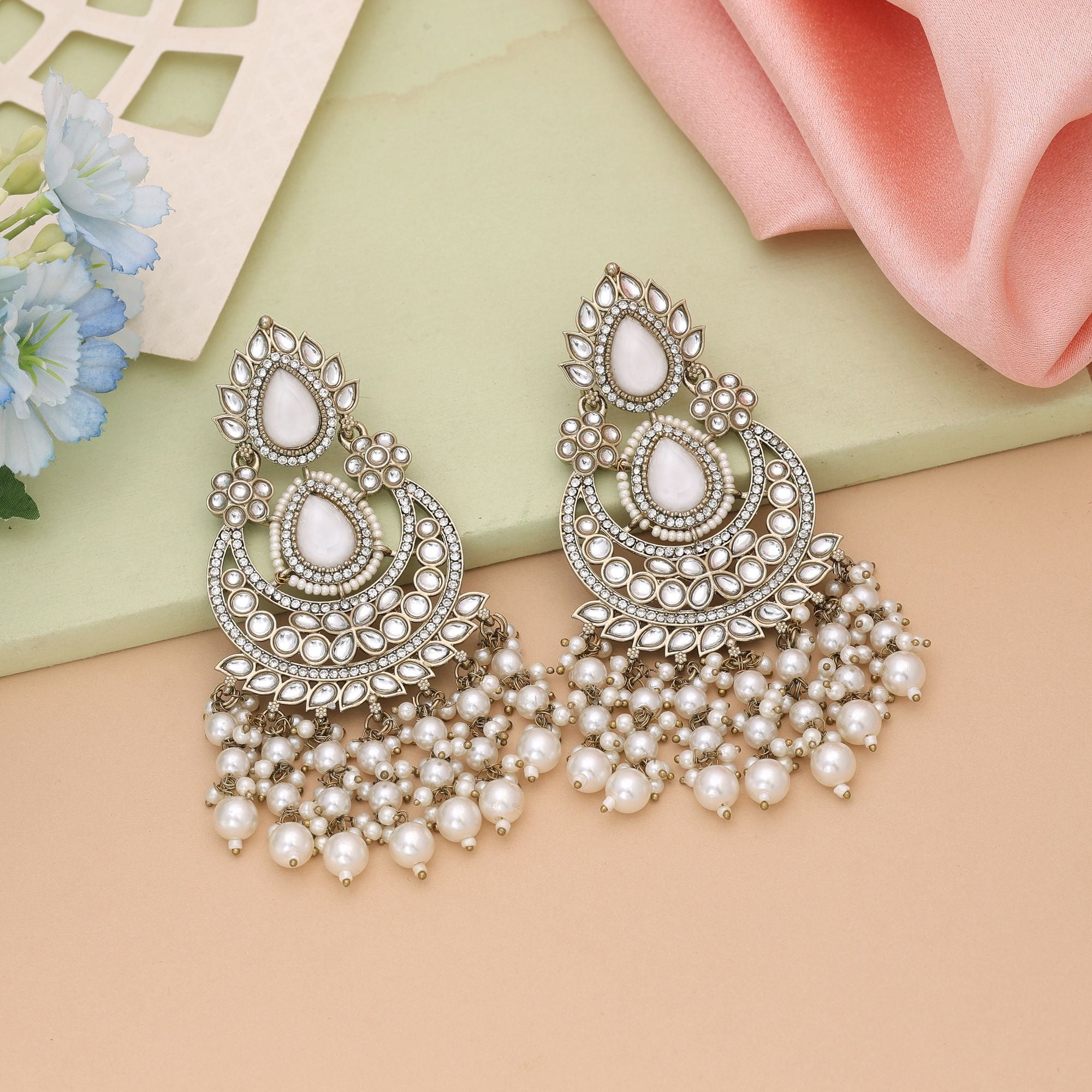 White Color Kundan Earrings Styled For Minimal Yet Elegant Ethnic Wear - White